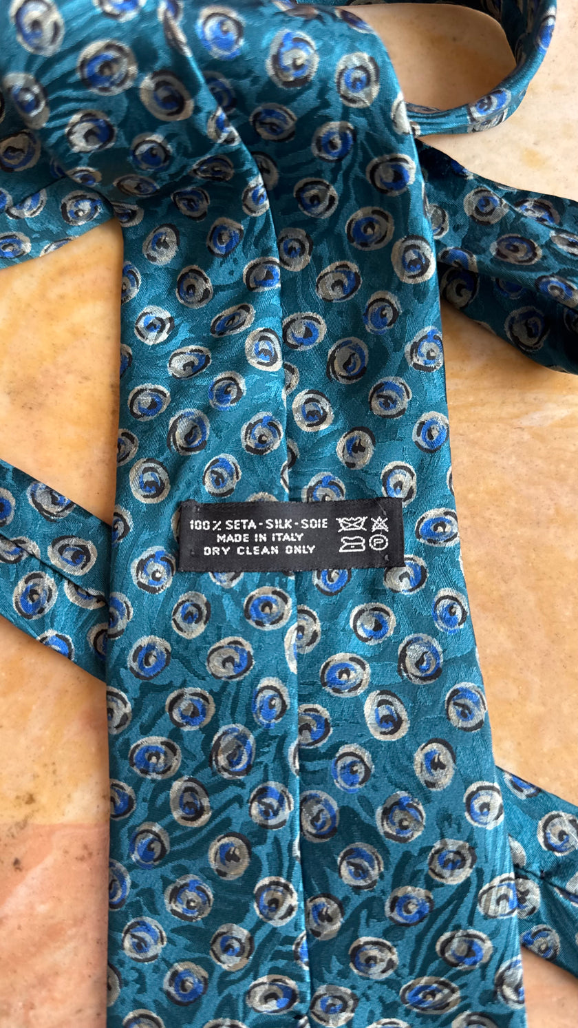Vintage 1980s Teal Blue Silk Tie and Women’s Belt with Abstract Circular Print