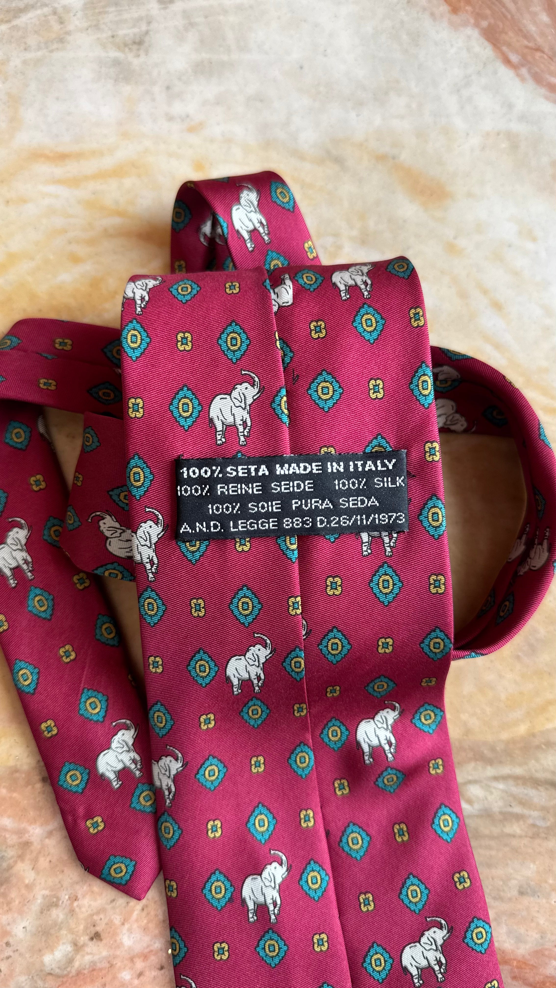 Vintage 1980s Burgundy Silk Elephant Necktie and Women’s Belt Made in Italy