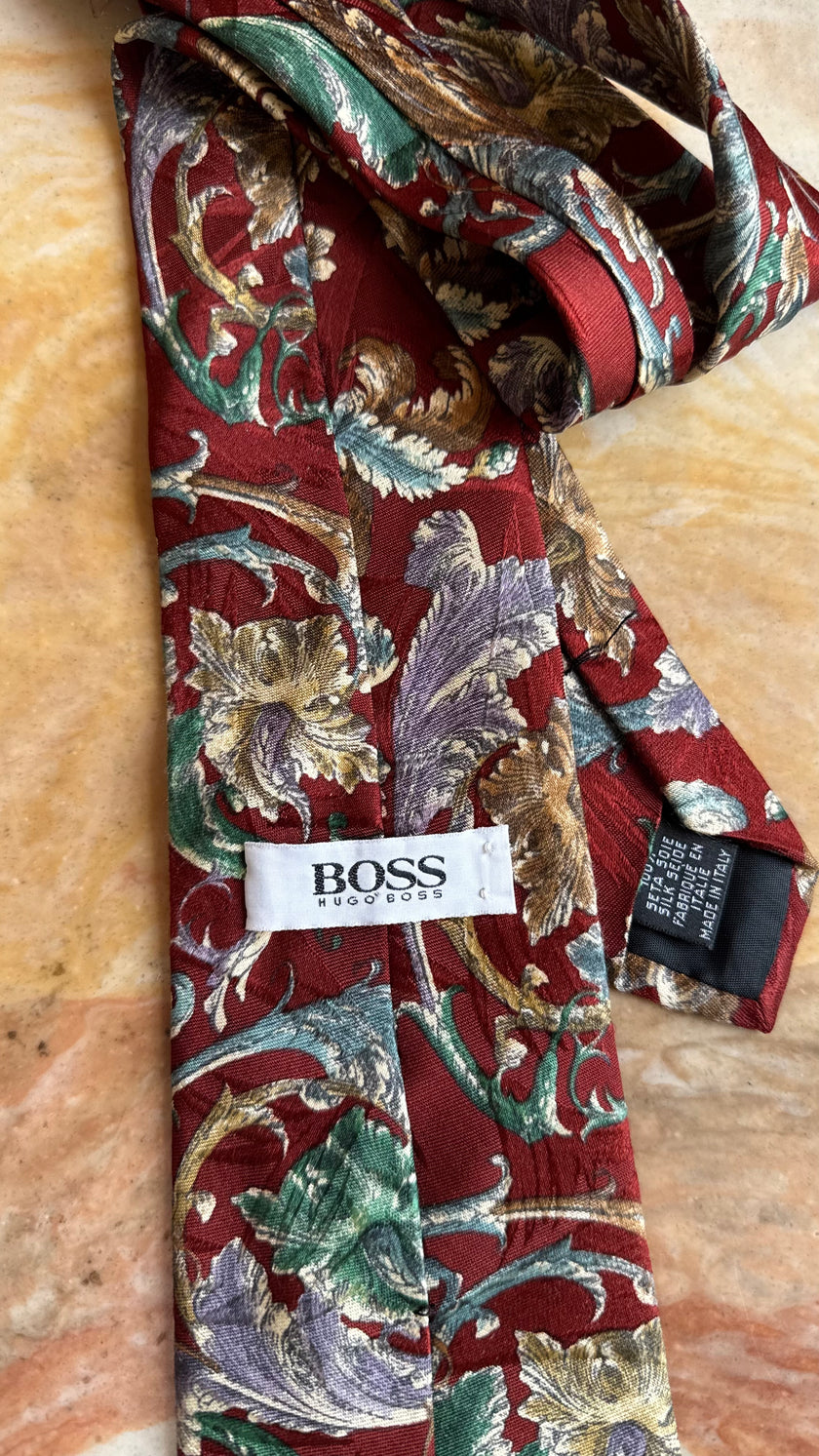 Vintage 1990s Burgundy Baroque Silk Tie and Women’s Belt by BOSS