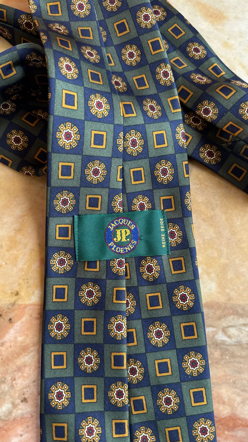 Vintage 1980s Blue Geometric Necktie and Women’s Belt by Jacques Ploenes