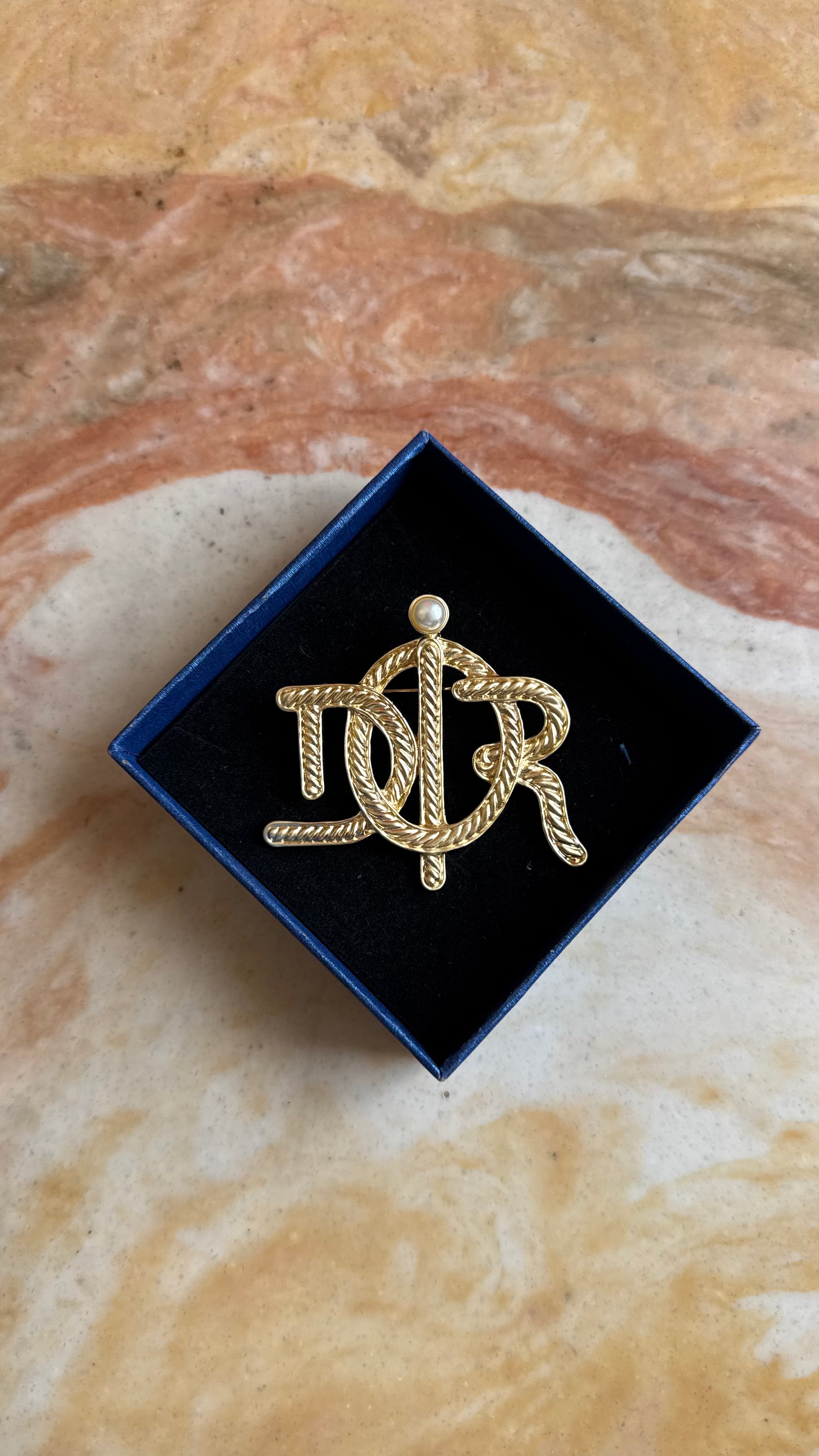 Vintage 1980s Christian Dior Gold-Tone Logo Brooch With Pearl Detail