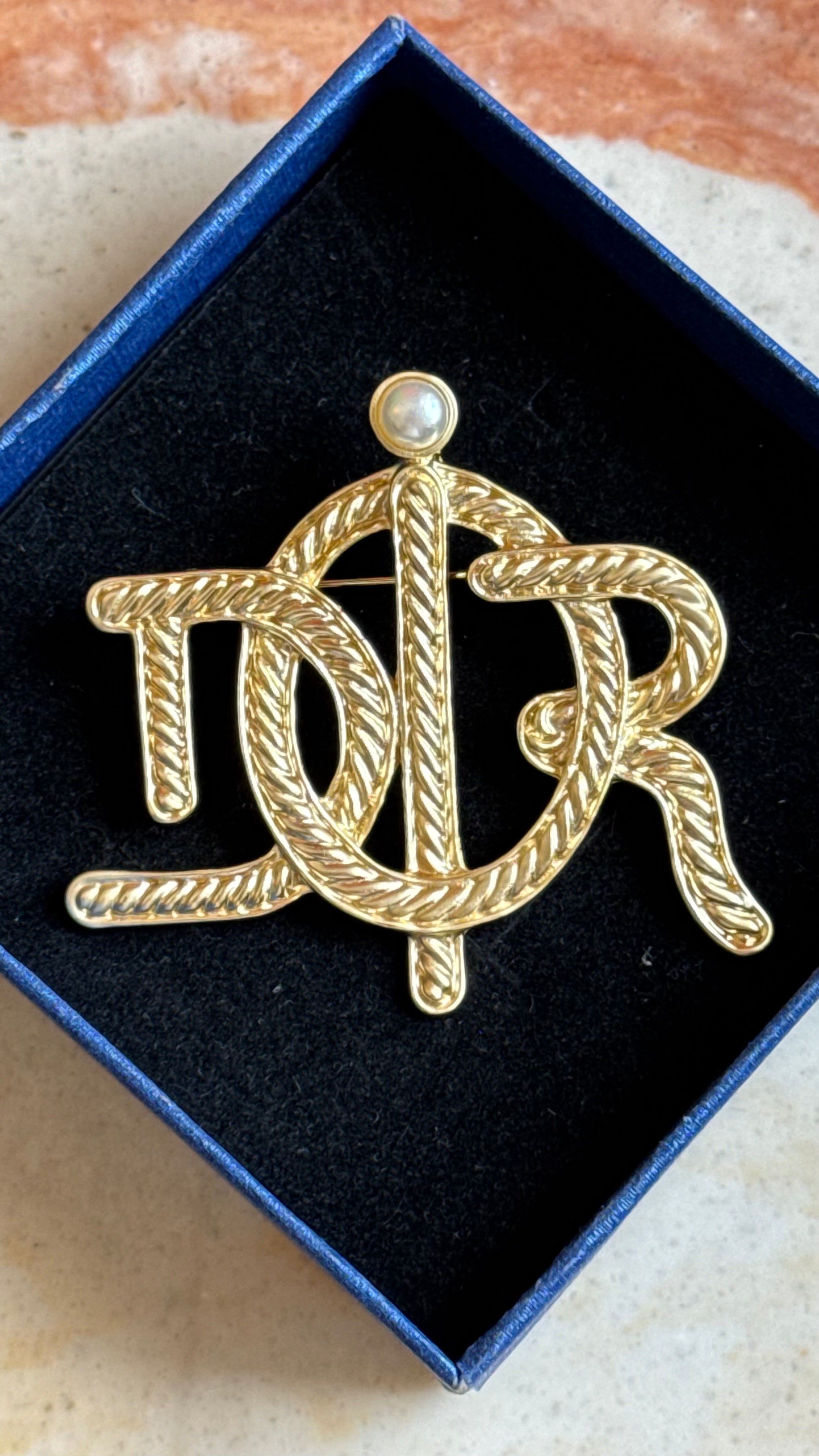 Vintage 1980s Christian Dior Gold-Tone Logo Brooch With Pearl Detail