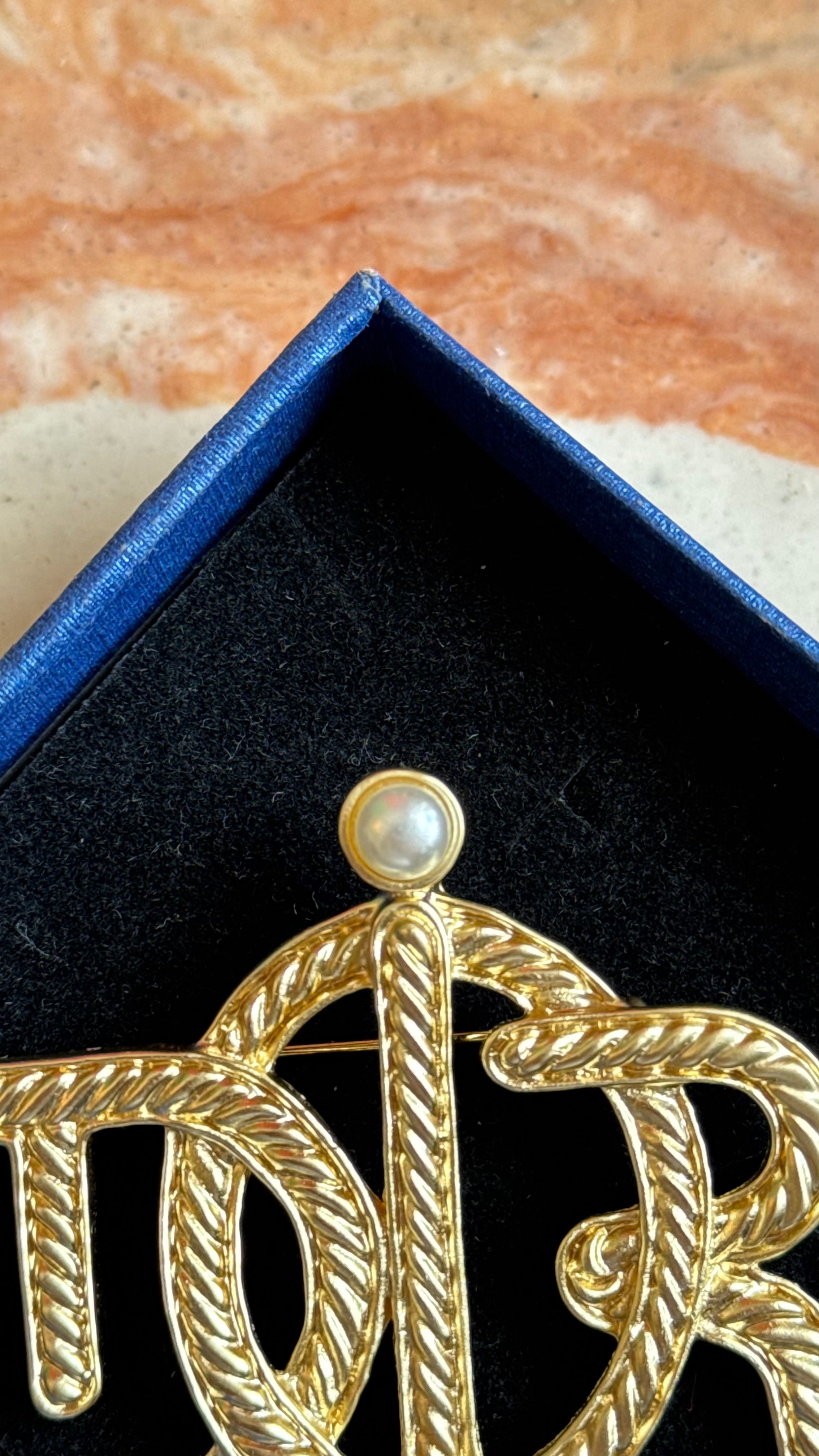 Vintage 1980s Christian Dior Gold-Tone Logo Brooch With Pearl Detail