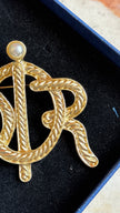 Vintage 1980s Christian Dior Gold-Tone Logo Brooch With Pearl Detail