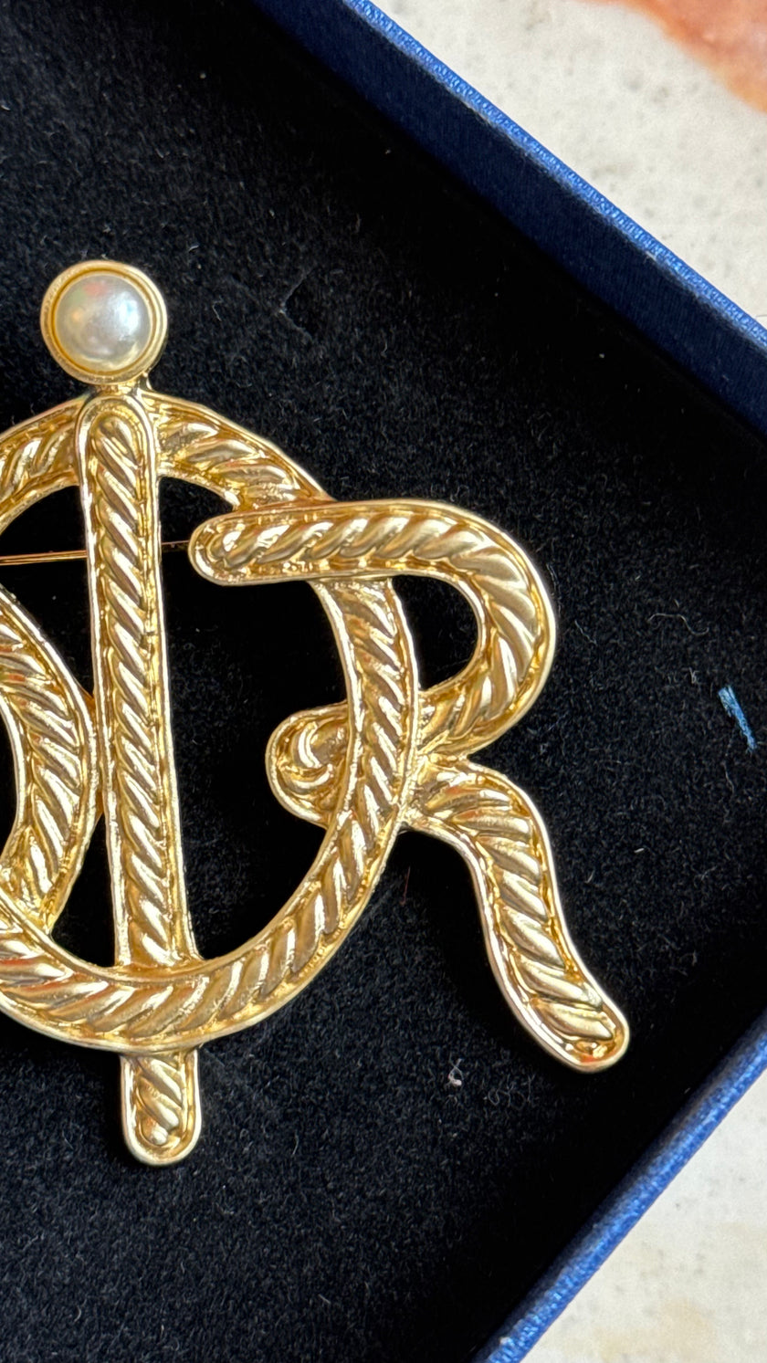 Vintage 1980s Christian Dior Gold-Tone Logo Brooch With Pearl Detail
