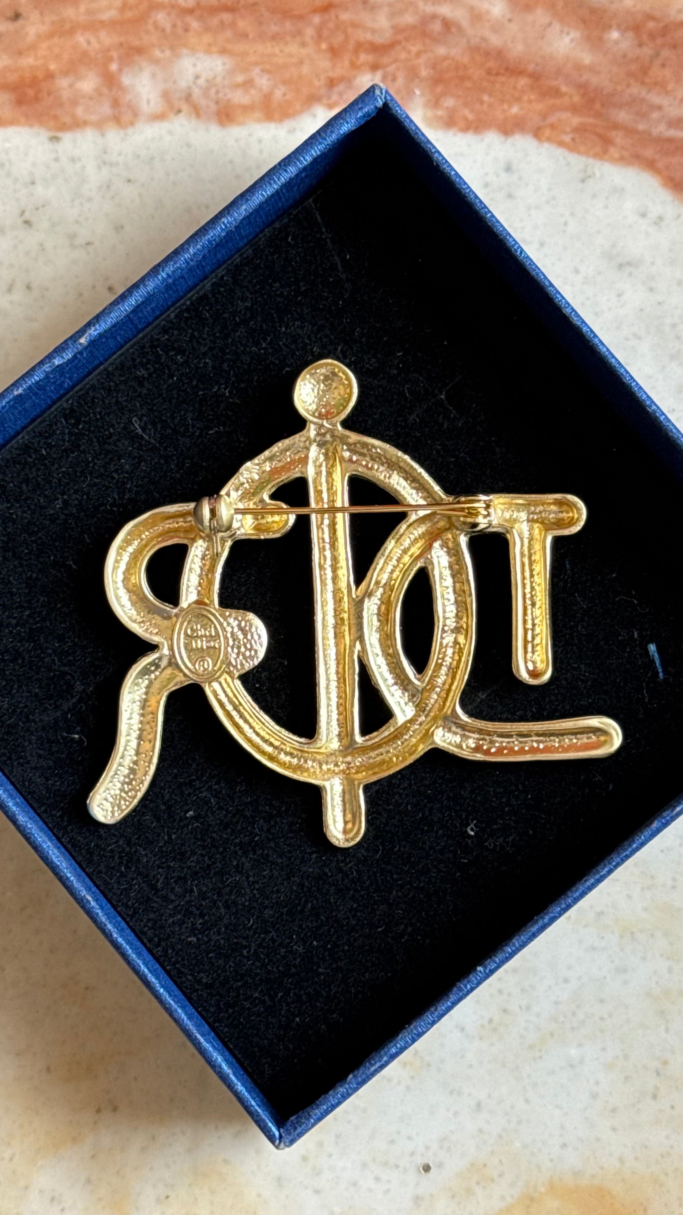 Vintage 1980s Christian Dior Gold-Tone Logo Brooch With Pearl Detail