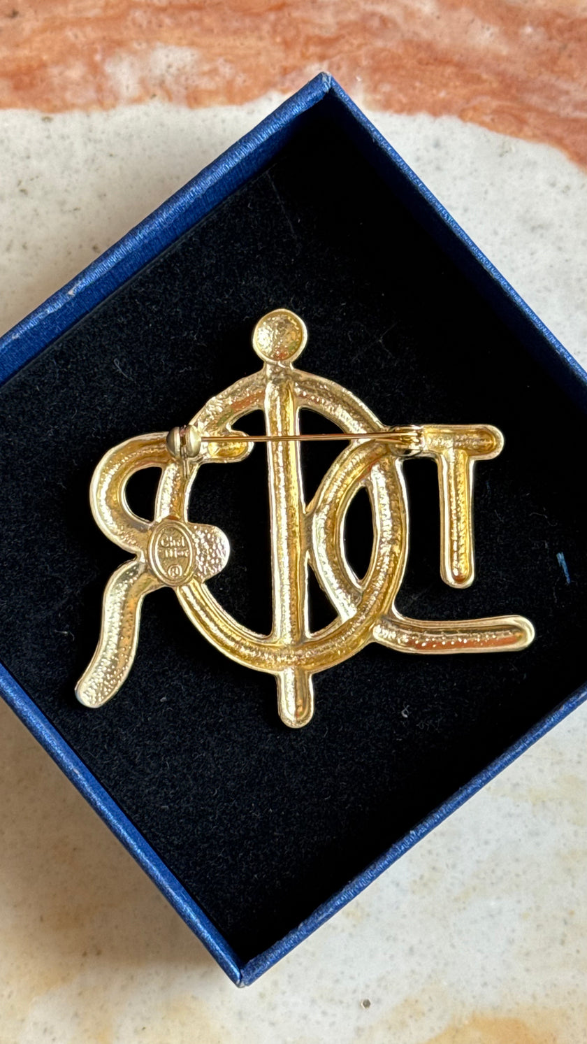 Vintage 1980s Christian Dior Gold-Tone Logo Brooch With Pearl Detail
