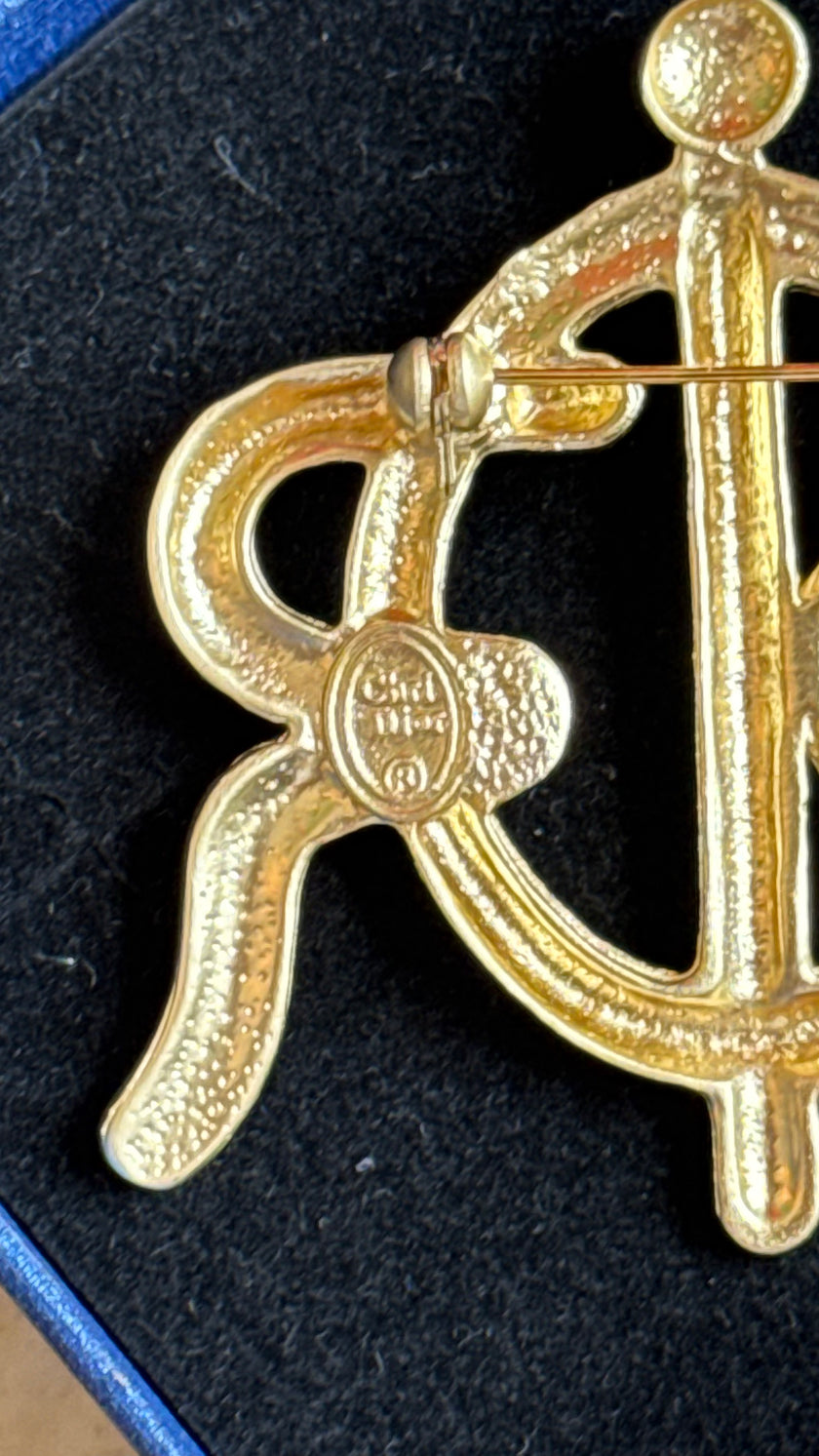 Vintage 1980s Christian Dior Gold-Tone Logo Brooch With Pearl Detail