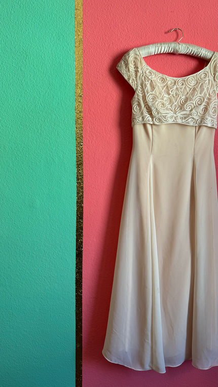 Vintage 1990s Scott McClintock Champagne Embroidered Evening Dress