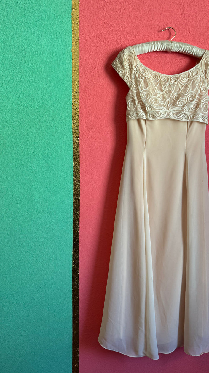 Vintage 1990s Scott McClintock Champagne Embroidered Evening Dress