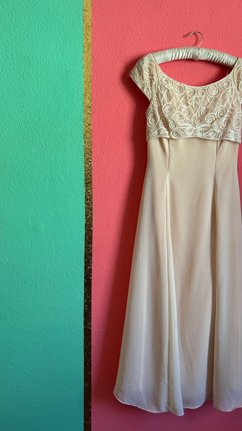 Vintage 1990s Scott McClintock Champagne Embroidered Evening Dress