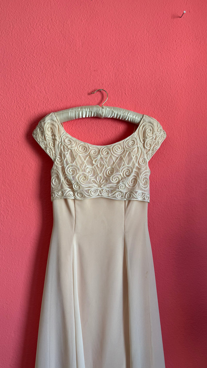 Vintage 1990s Scott McClintock Champagne Embroidered Evening Dress