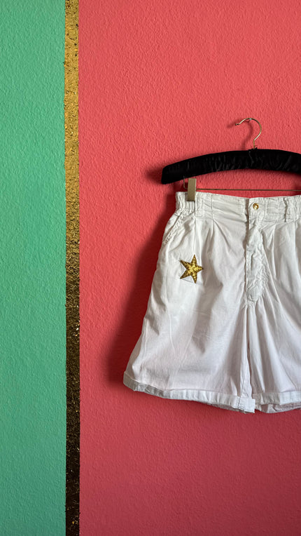 Vintage 1990s White Cotton Shorts With Gold Star Detail By Lily Farouche