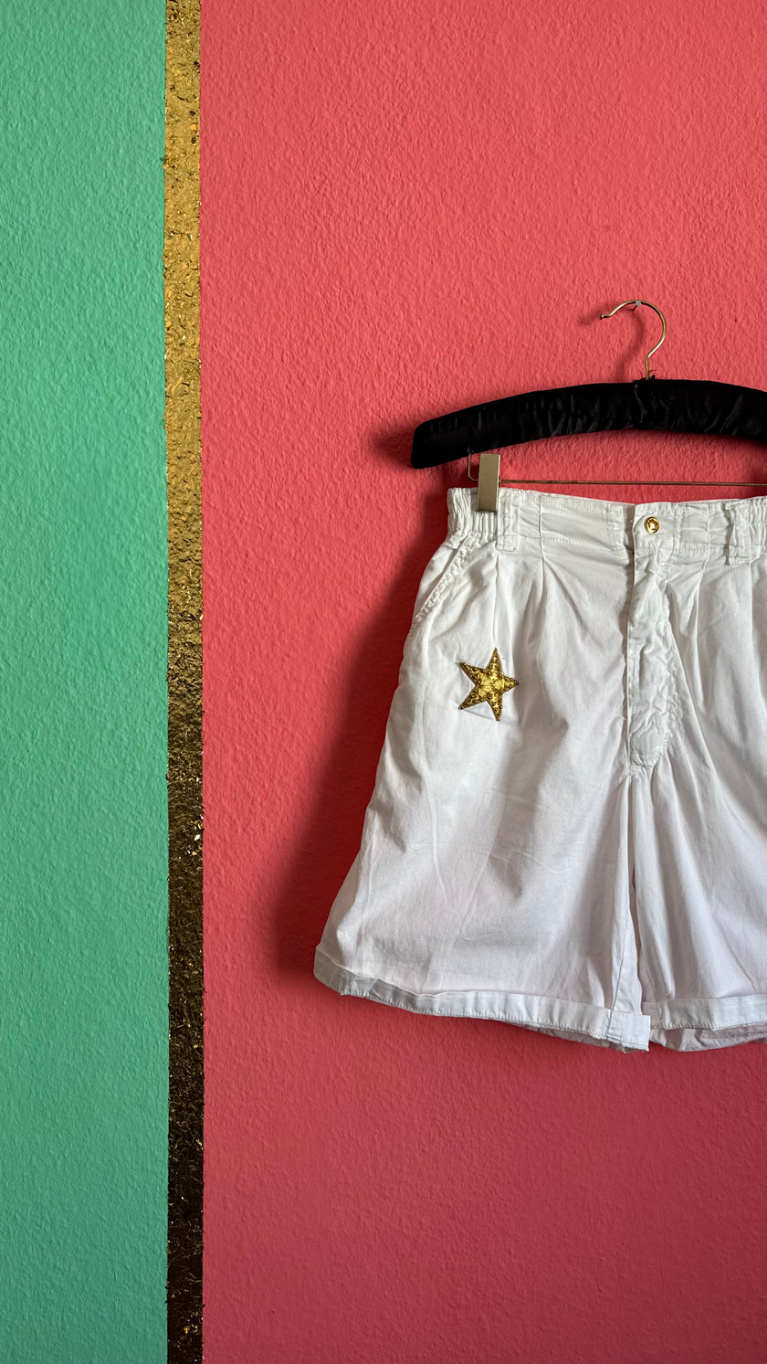 Vintage 1990s White Cotton Shorts With Gold Star Detail By Lily Farouche