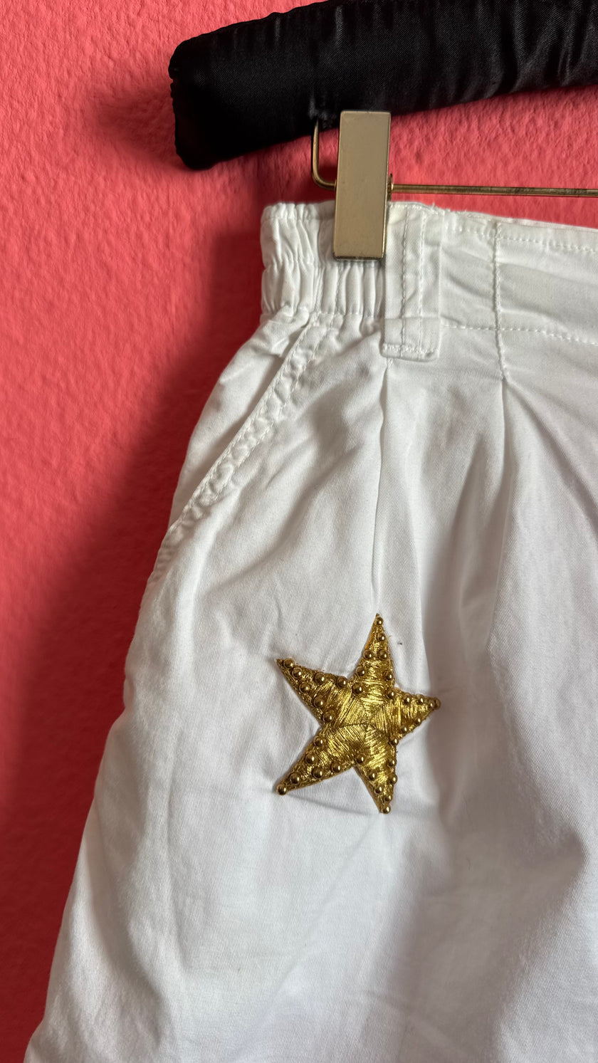 Vintage 1990s White Cotton Shorts With Gold Star Detail By Lily Farouche