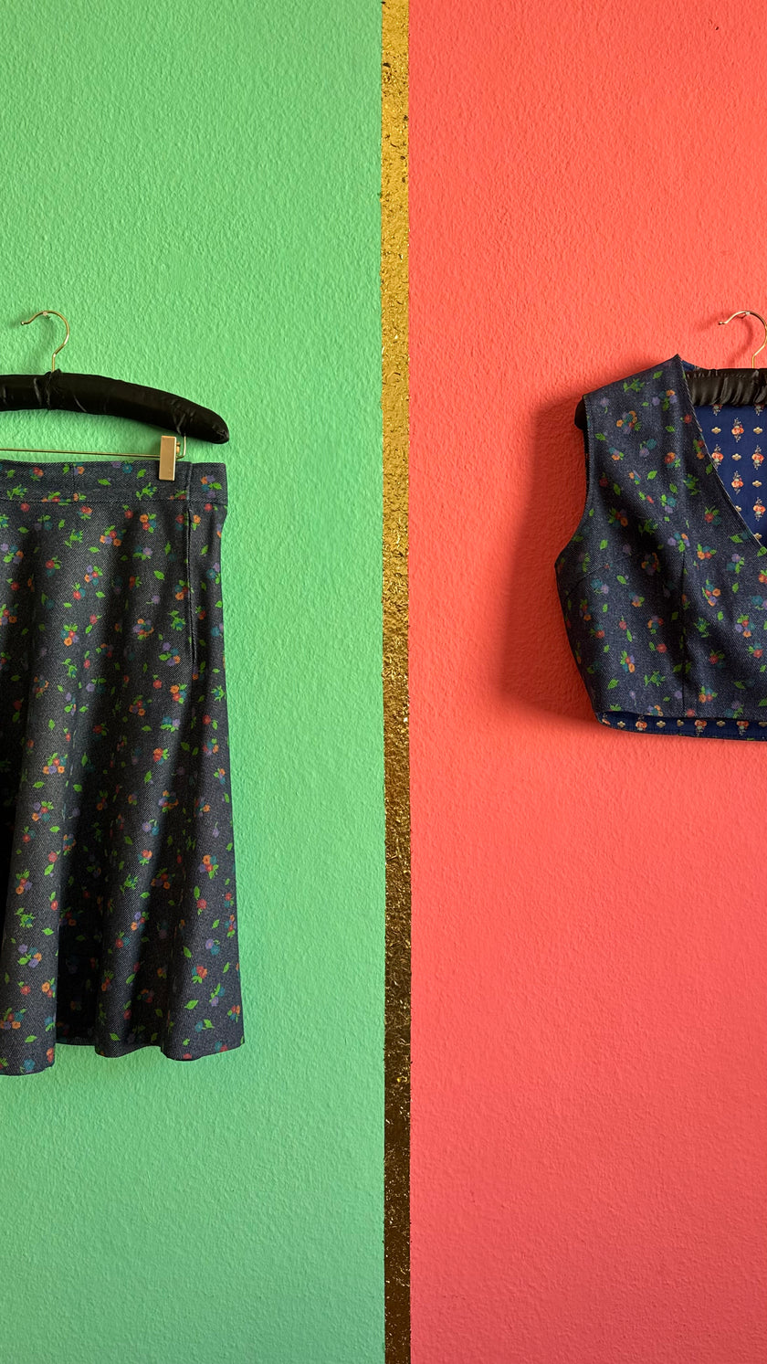 Vintage 1980s Floral Denim-Effect Vest And Skirt Set