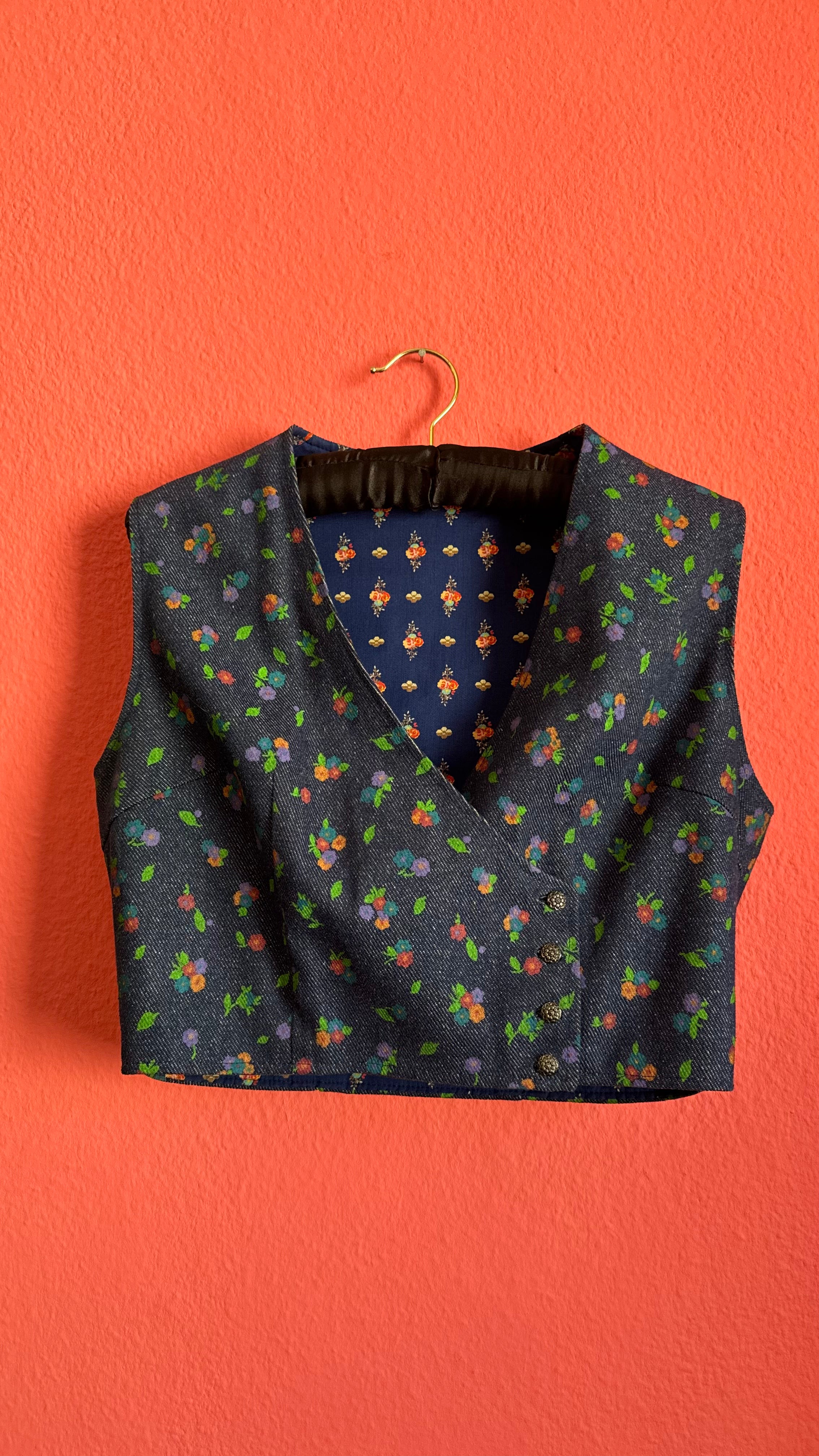Vintage 1980s Floral Denim-Effect Vest And Skirt Set