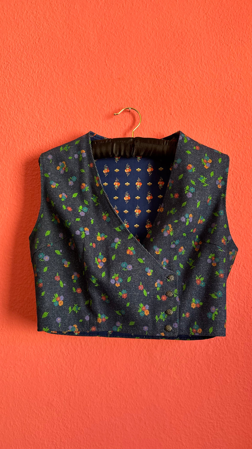 Vintage 1980s Floral Denim-Effect Vest And Skirt Set
