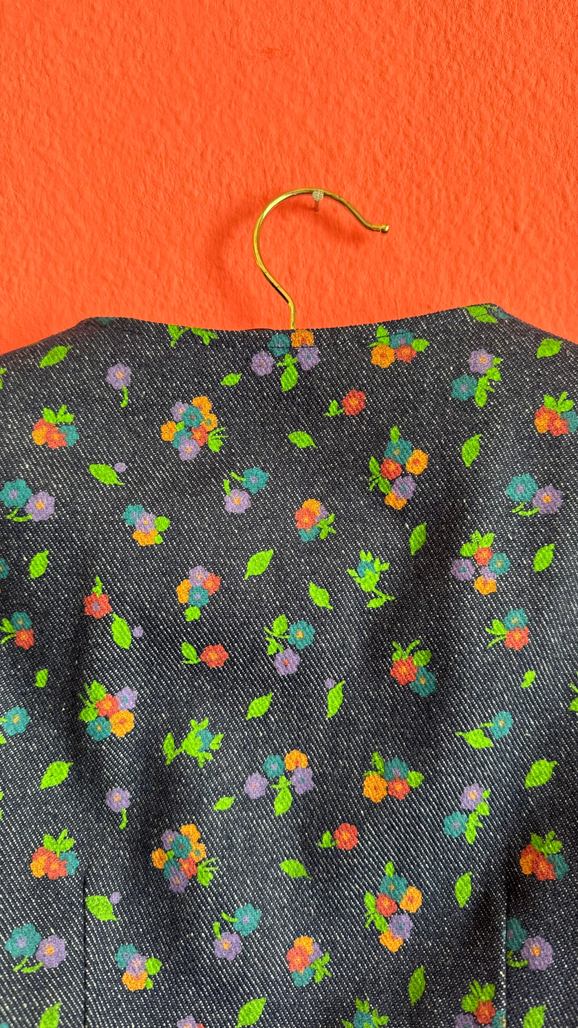 Vintage 1980s Floral Denim-Effect Vest And Skirt Set