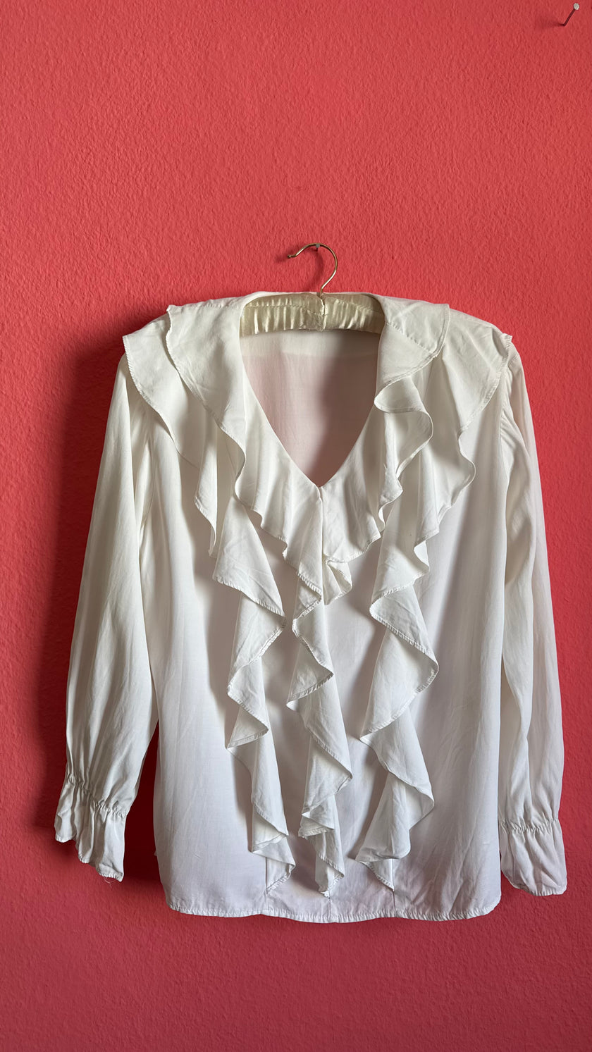 Vintage 1980s White Ruffle Front Blouse