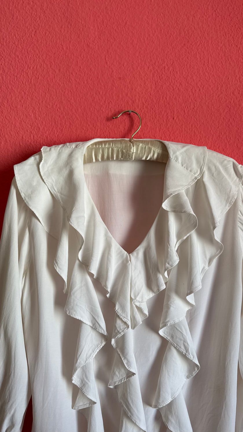 Vintage 1980s White Ruffle Front Blouse