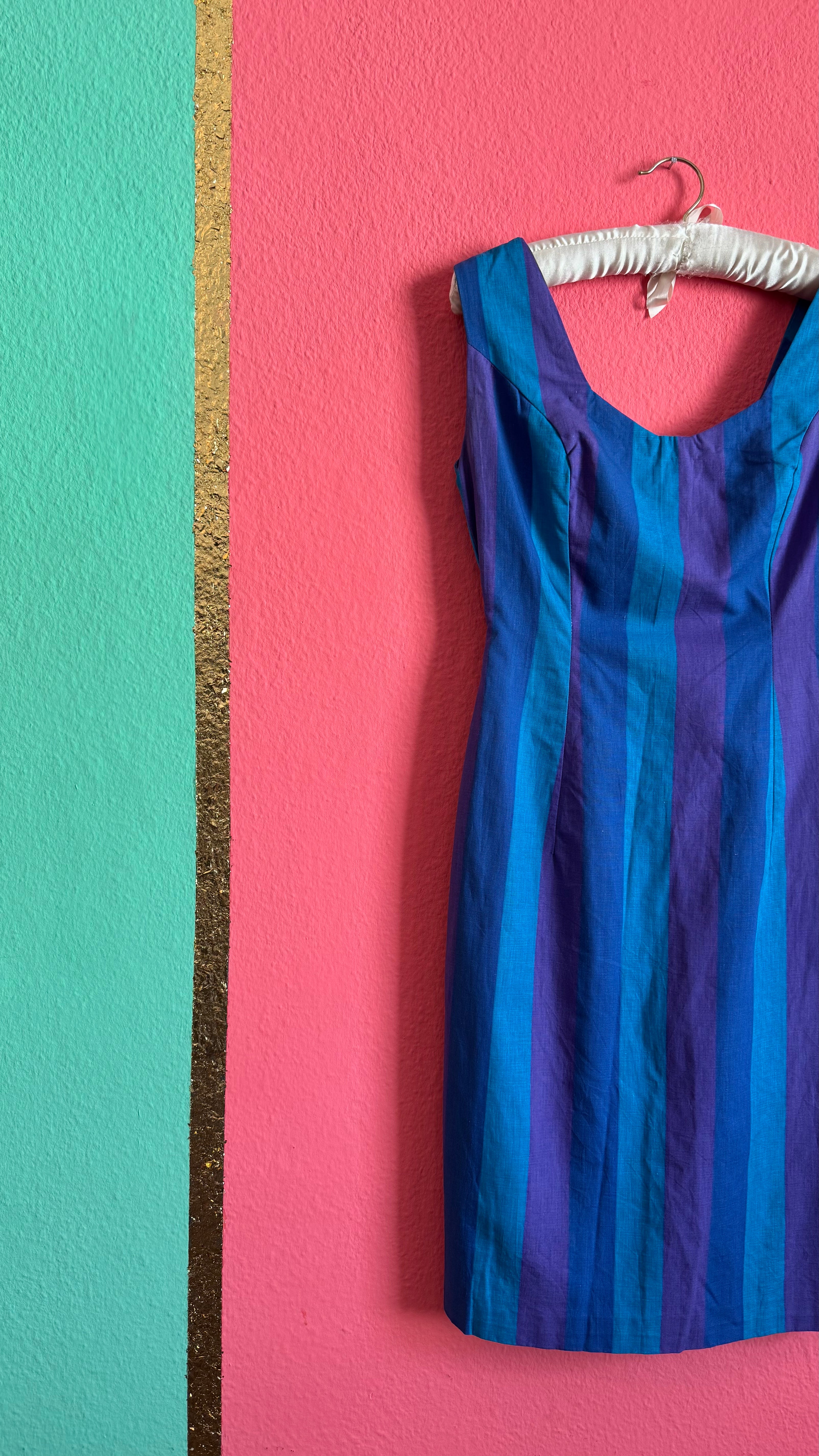 Vintage 1980s Striped Blue And Purple Sleeveless Midi Dress