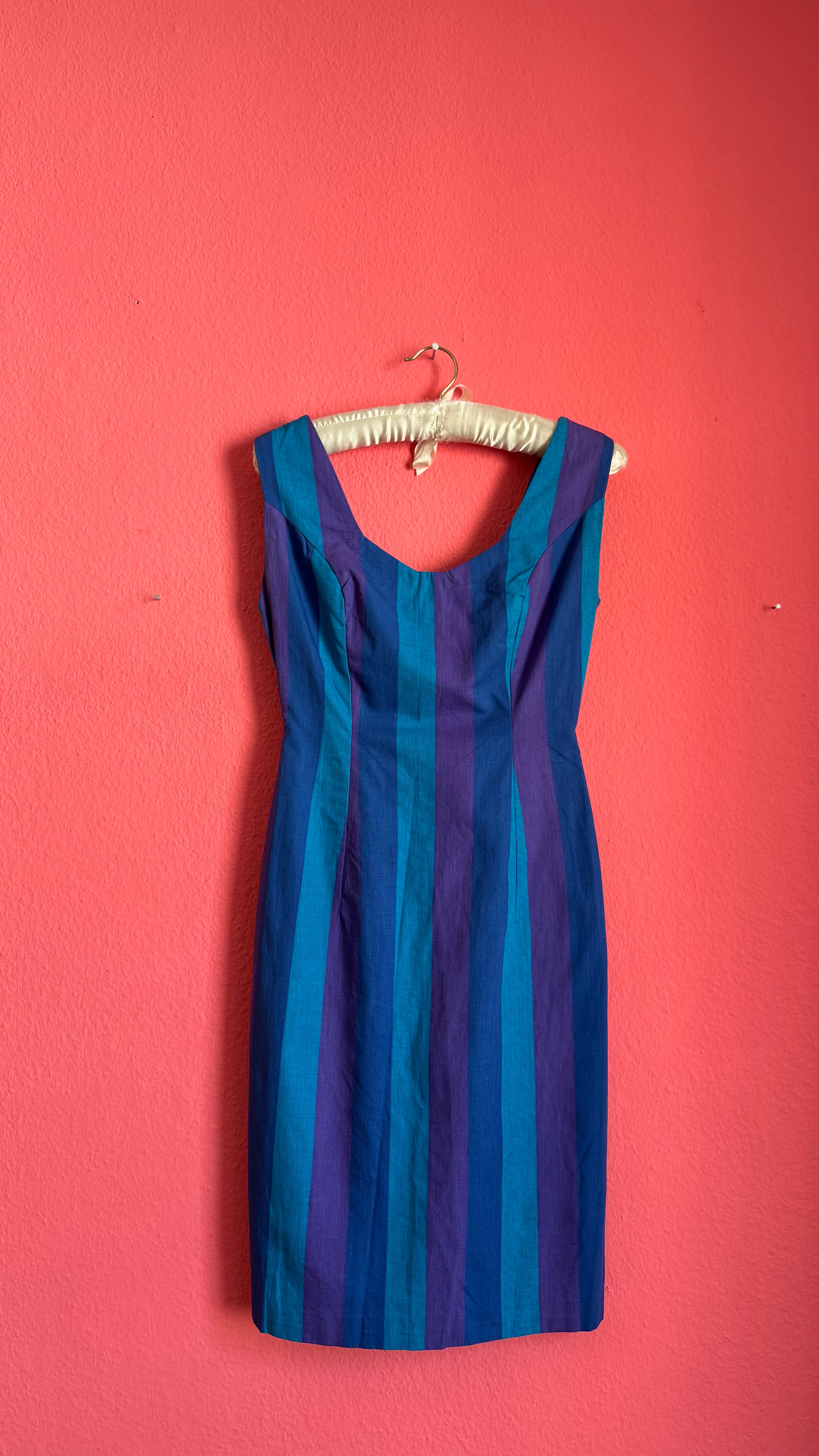 Vintage 1980s Striped Blue And Purple Sleeveless Midi Dress