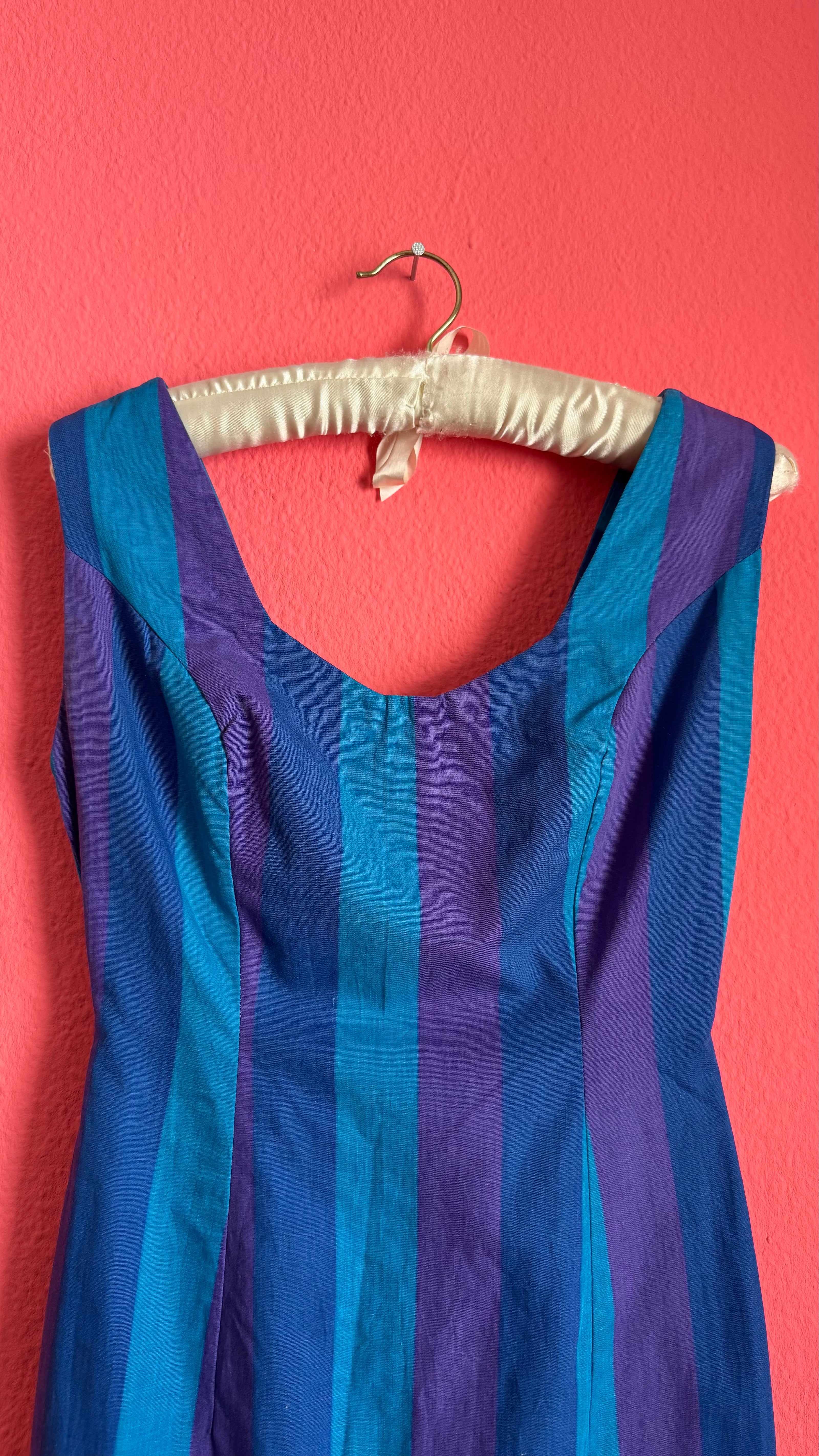 Vintage 1980s Striped Blue And Purple Sleeveless Midi Dress