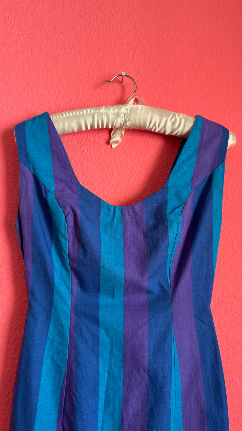 Vintage 1980s Striped Blue And Purple Sleeveless Midi Dress