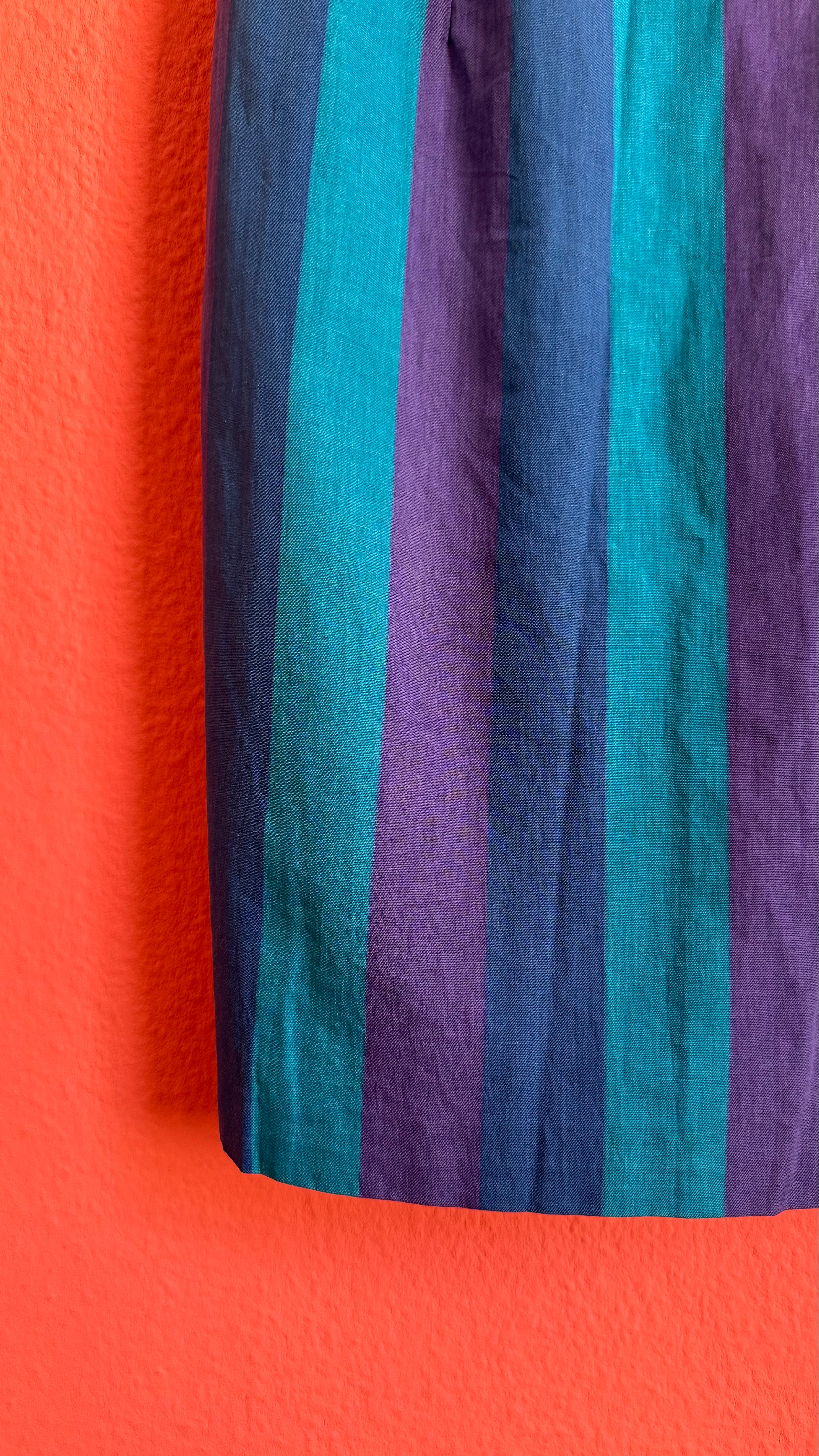 Vintage 1980s Striped Blue And Purple Sleeveless Midi Dress