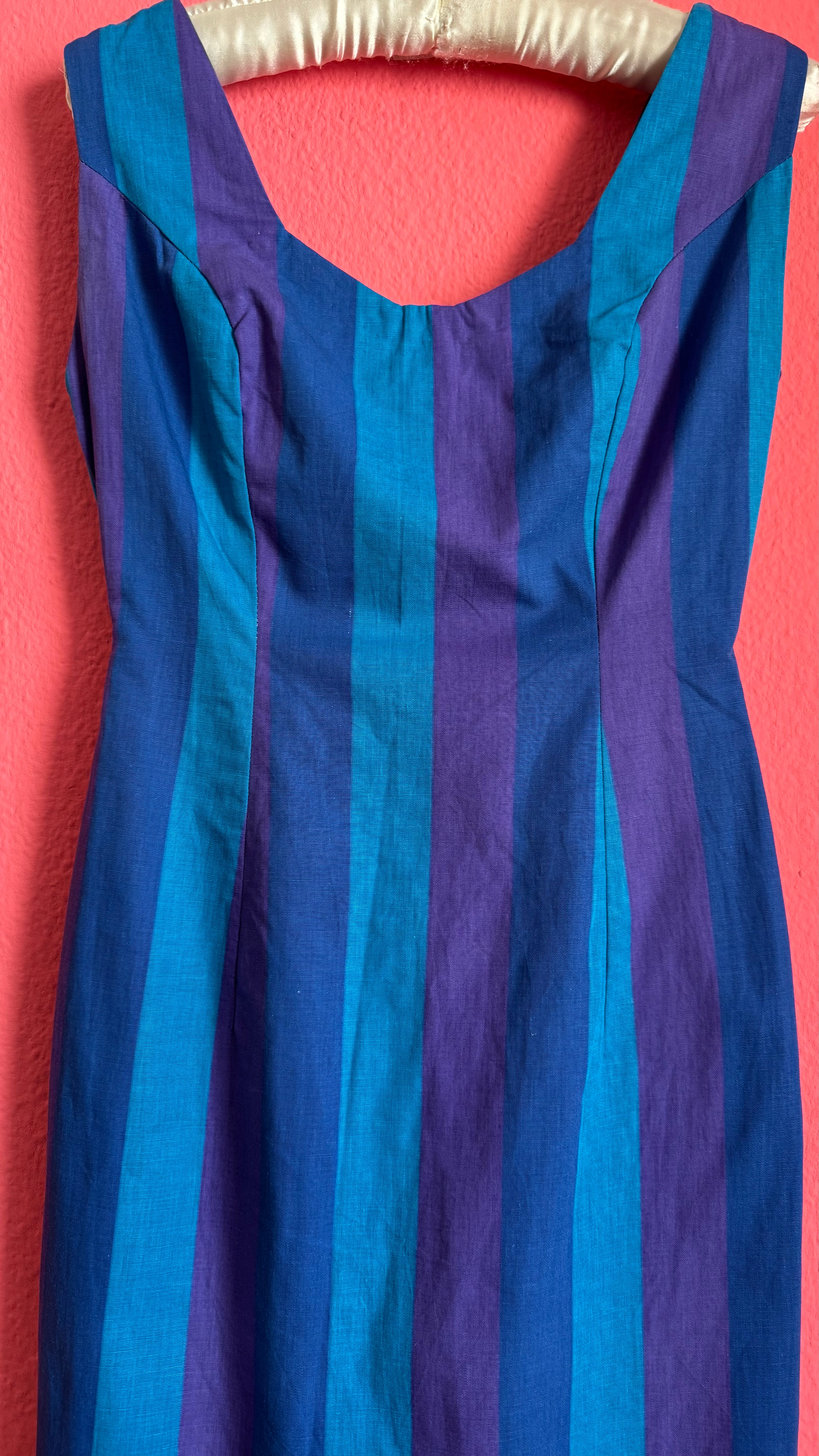 Vintage 1980s Striped Blue And Purple Sleeveless Midi Dress
