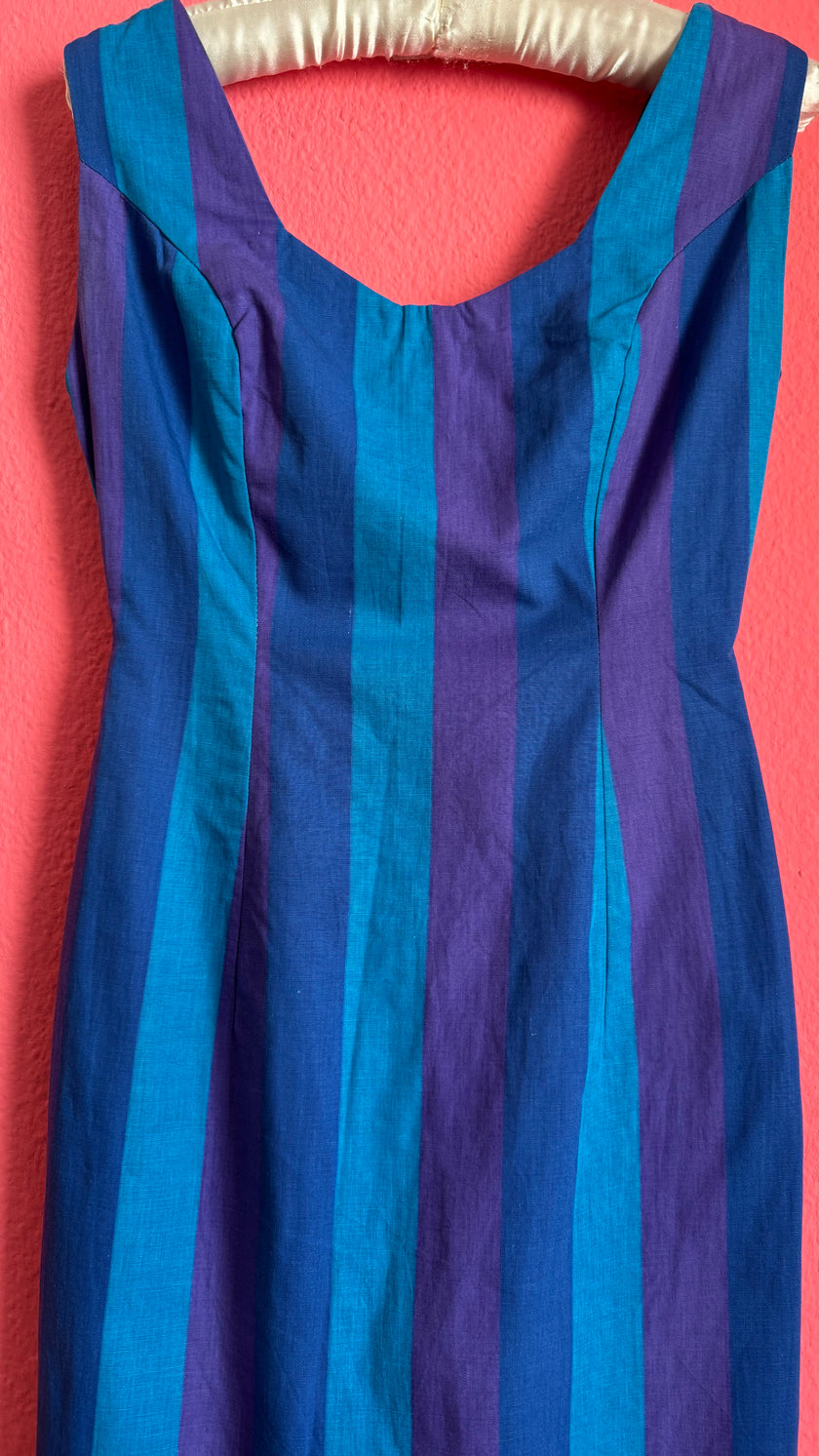 Vintage 1980s Striped Blue And Purple Sleeveless Midi Dress