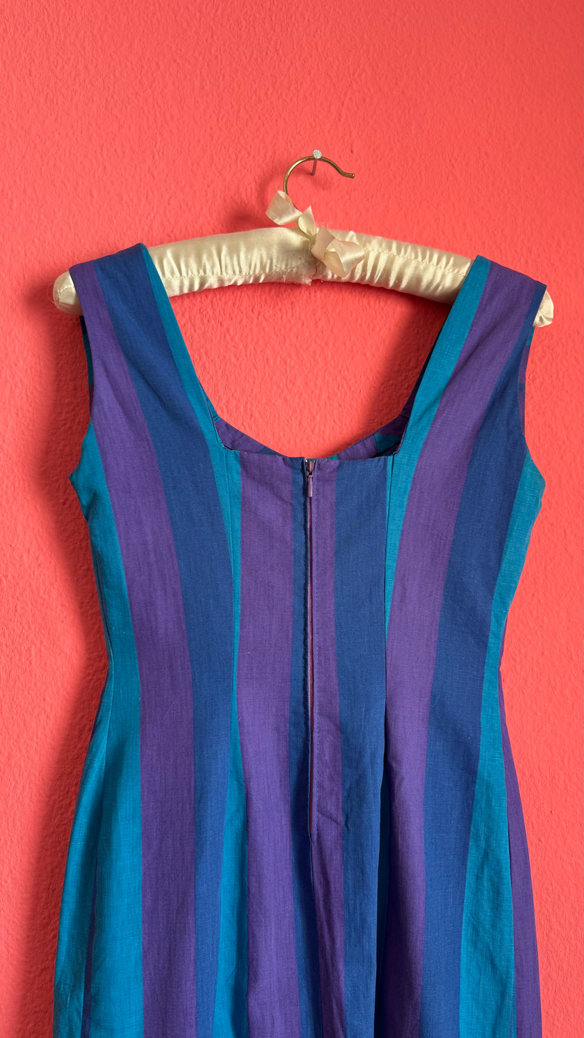 Vintage 1980s Striped Blue And Purple Sleeveless Midi Dress