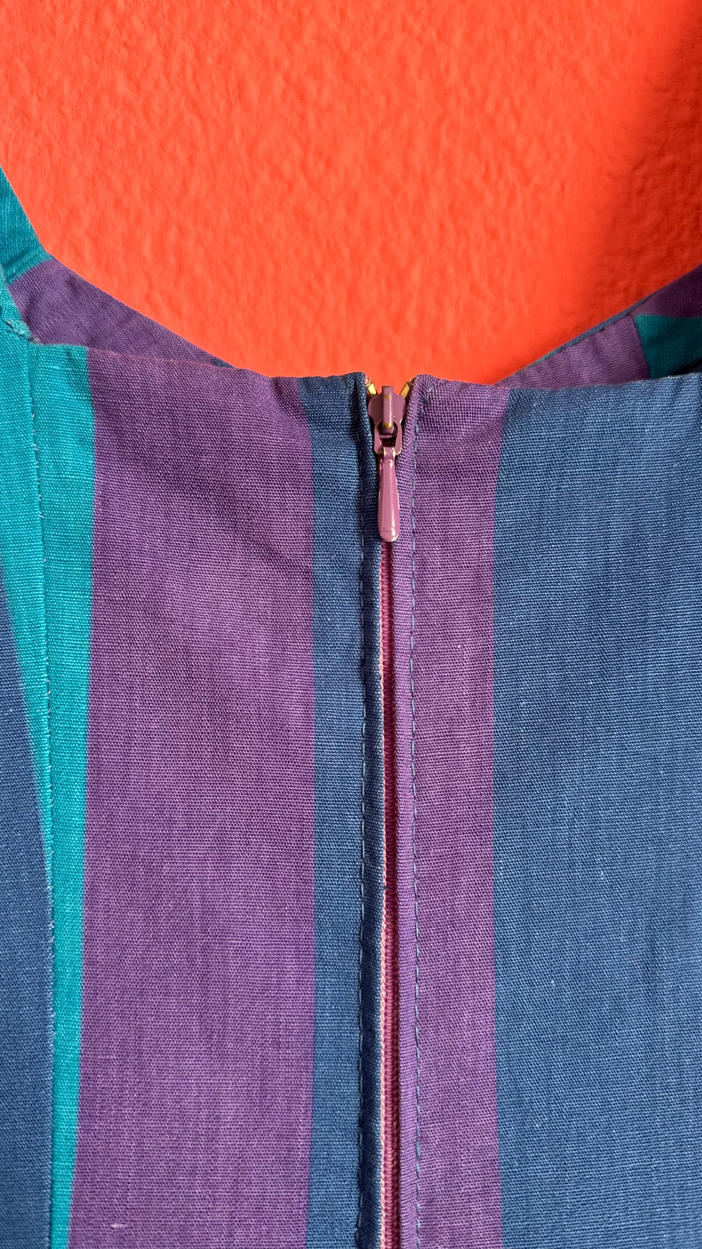 Vintage 1980s Striped Blue And Purple Sleeveless Midi Dress