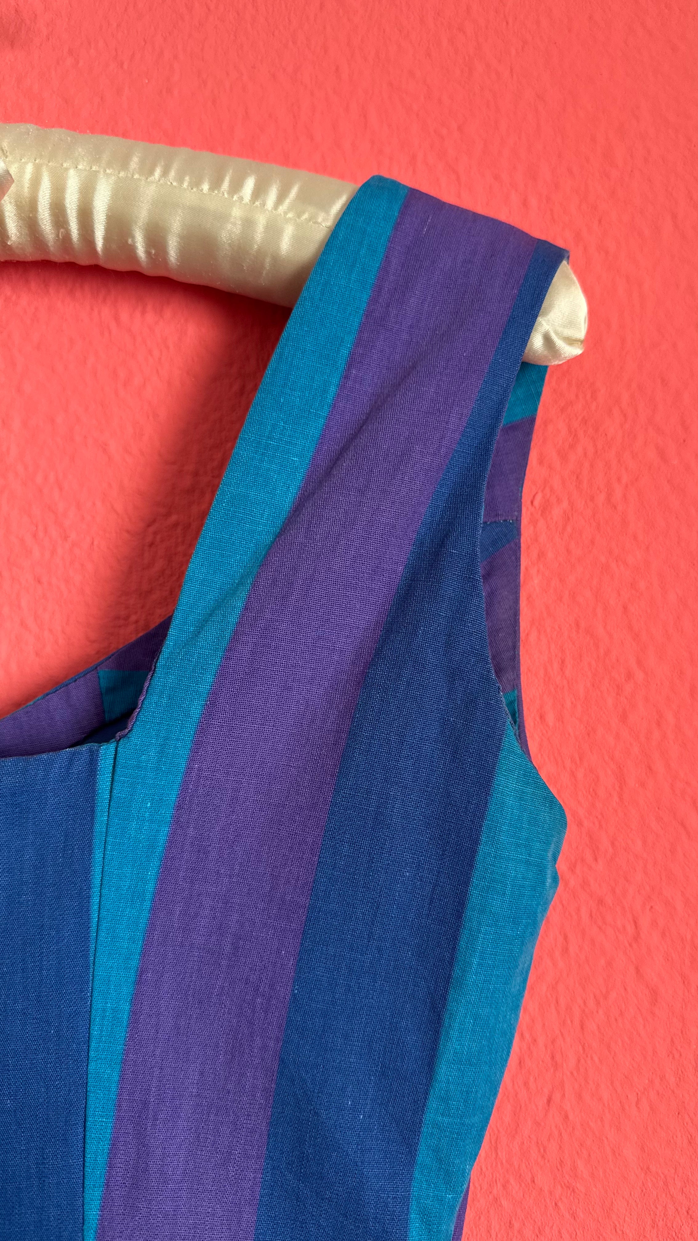 Vintage 1980s Striped Blue And Purple Sleeveless Midi Dress