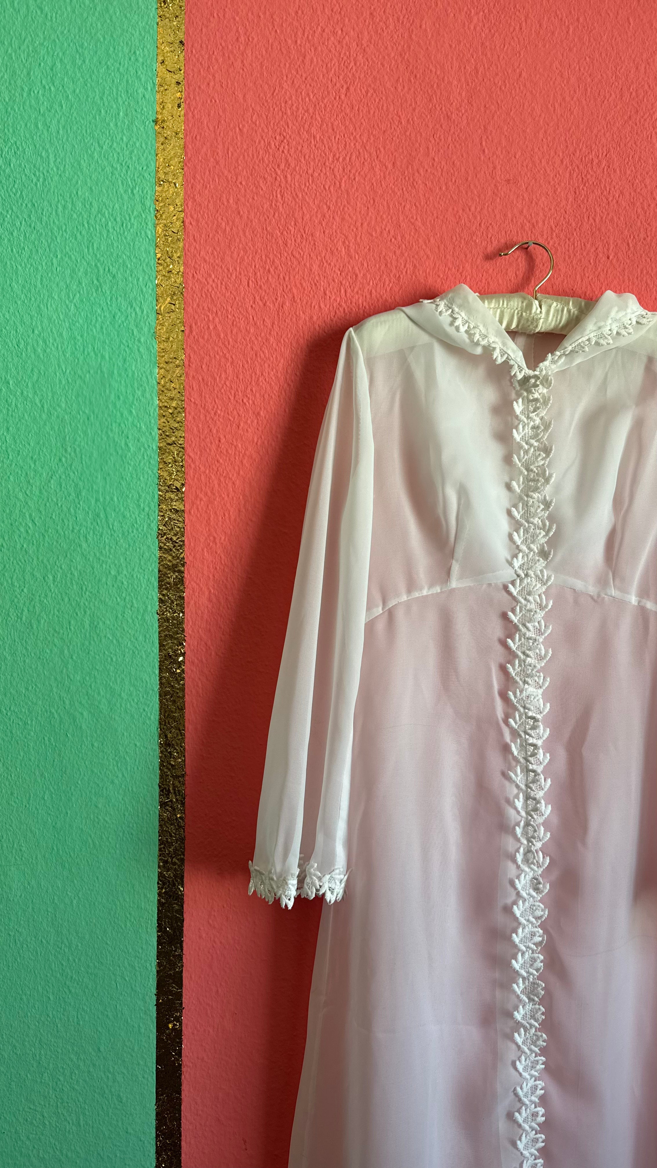 Vintage 1970s White Sheer Hooded Lace Trim Maxi Robe