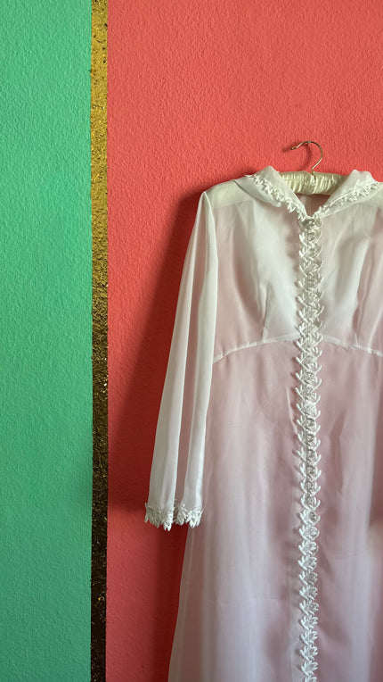 Vintage 1970s White Sheer Hooded Lace Trim Maxi Robe
