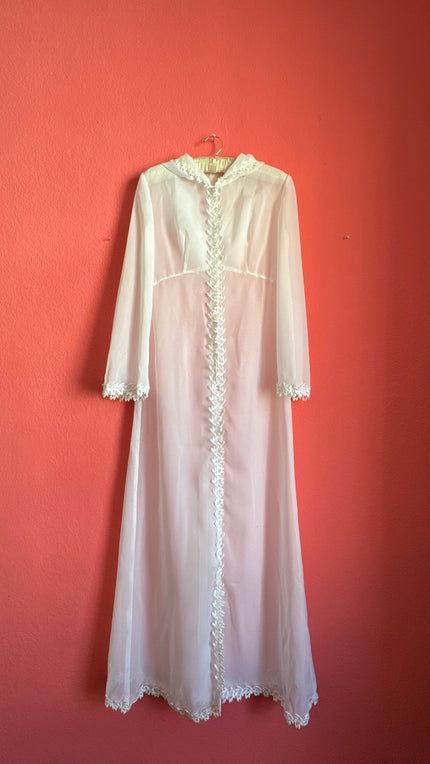 Vintage 1970s White Sheer Hooded Lace Trim Maxi Robe