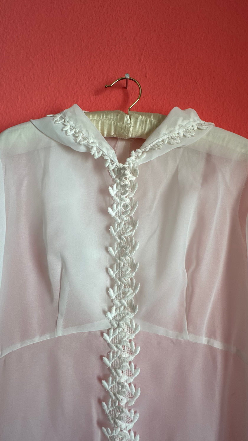 Vintage 1970s White Sheer Hooded Lace Trim Maxi Robe