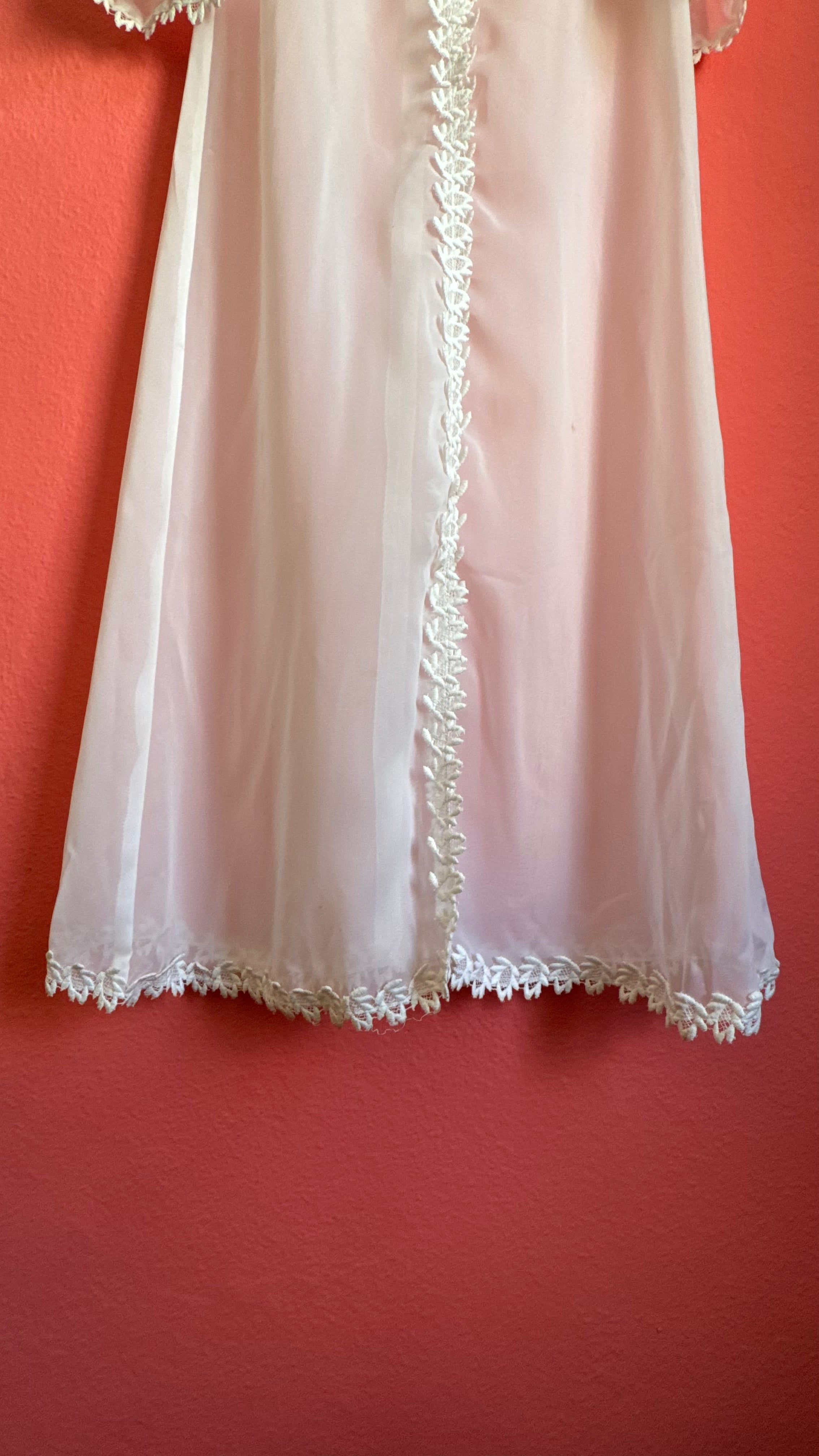 Vintage 1970s White Sheer Hooded Lace Trim Maxi Robe