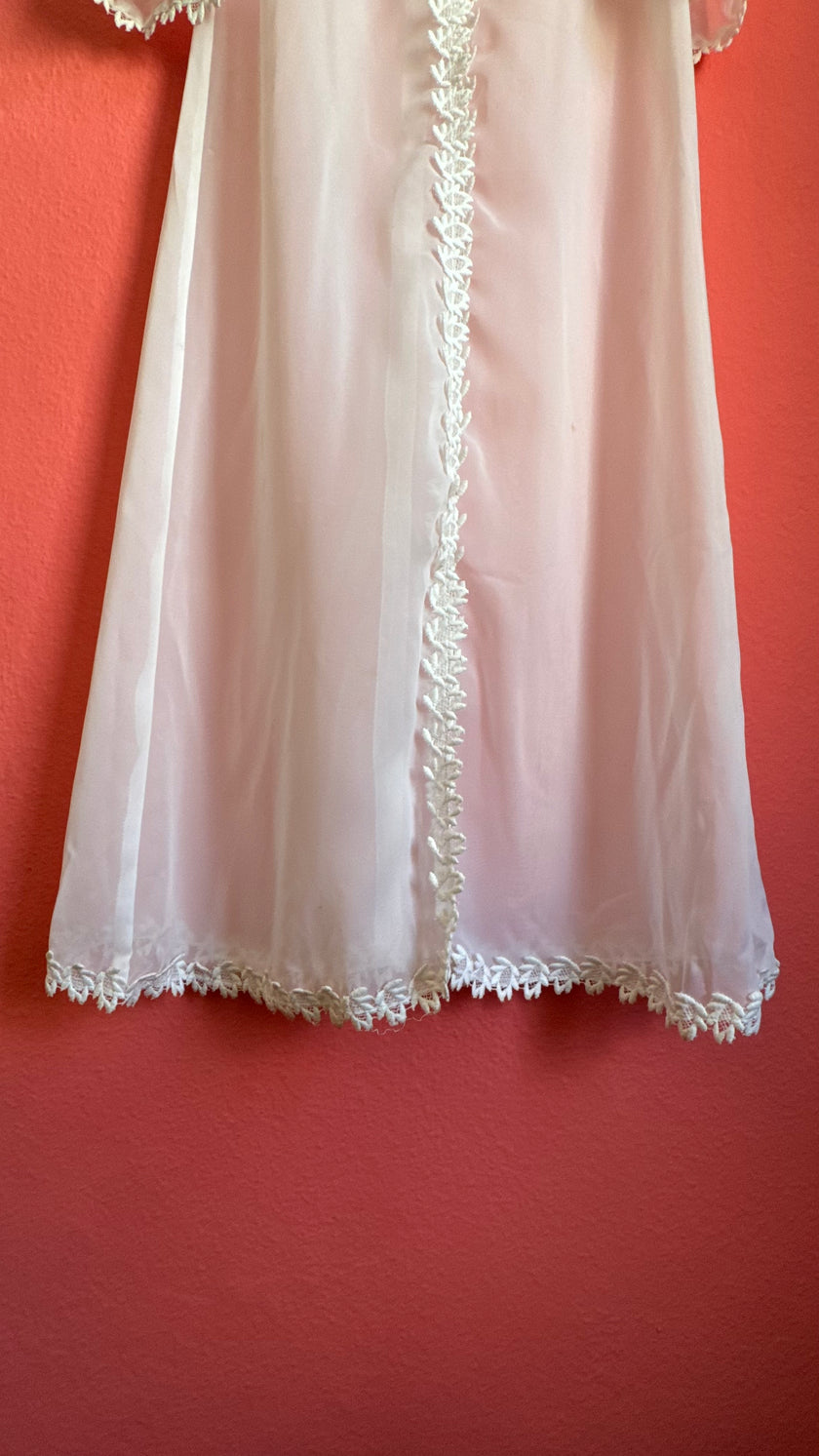 Vintage 1970s White Sheer Hooded Lace Trim Maxi Robe