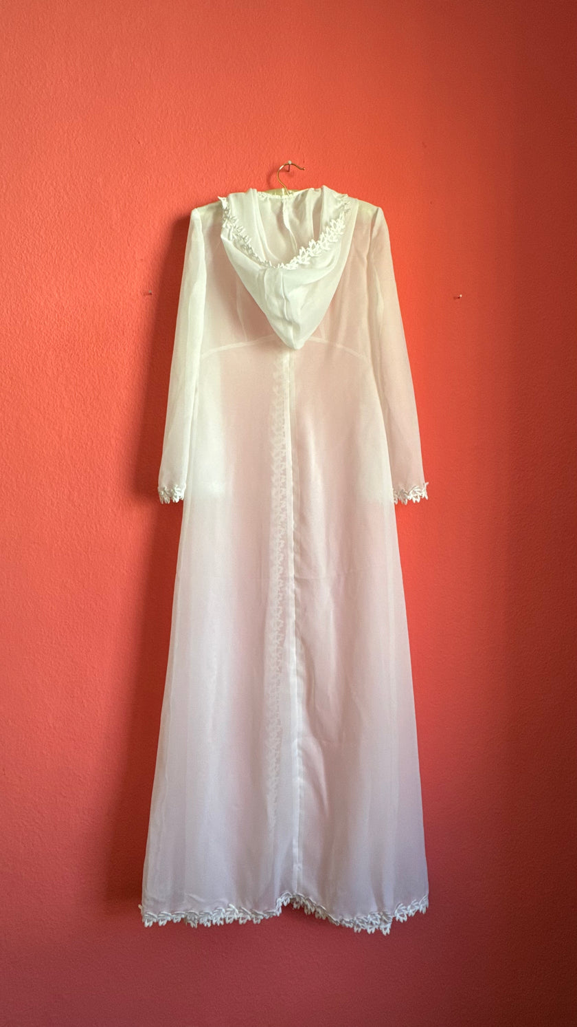 Vintage 1970s White Sheer Hooded Lace Trim Maxi Robe