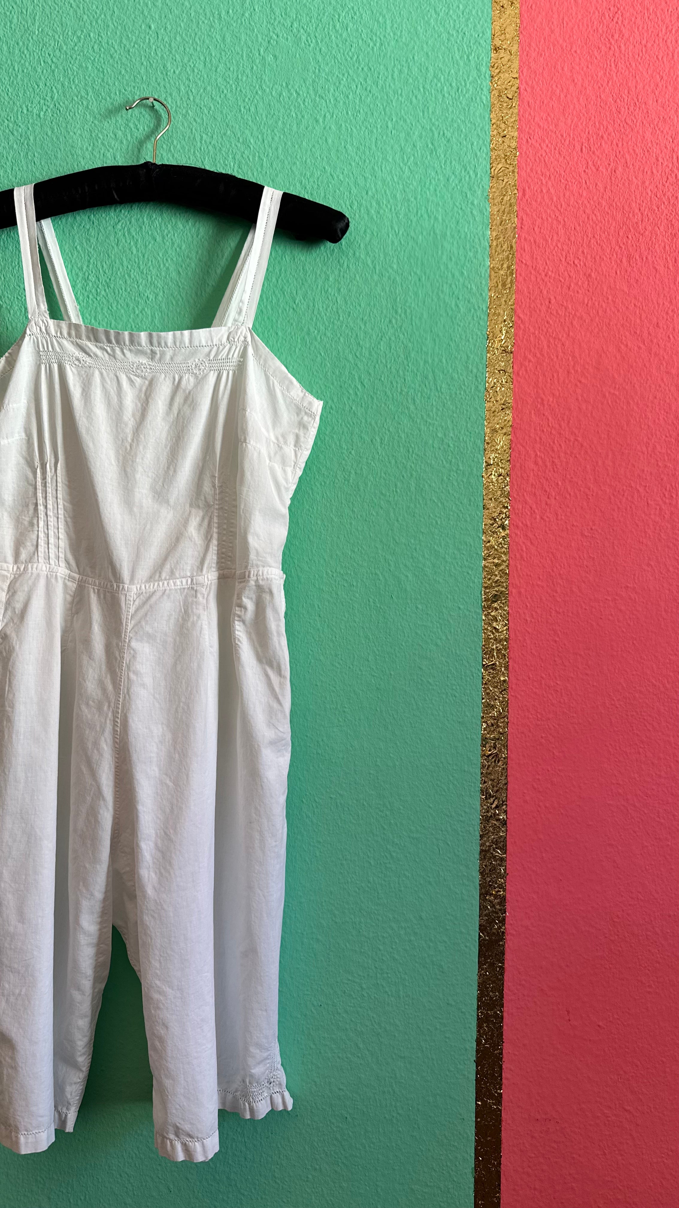 Vintage 1970s White Cotton Overall Jumpsuit With Embroidered Buttons