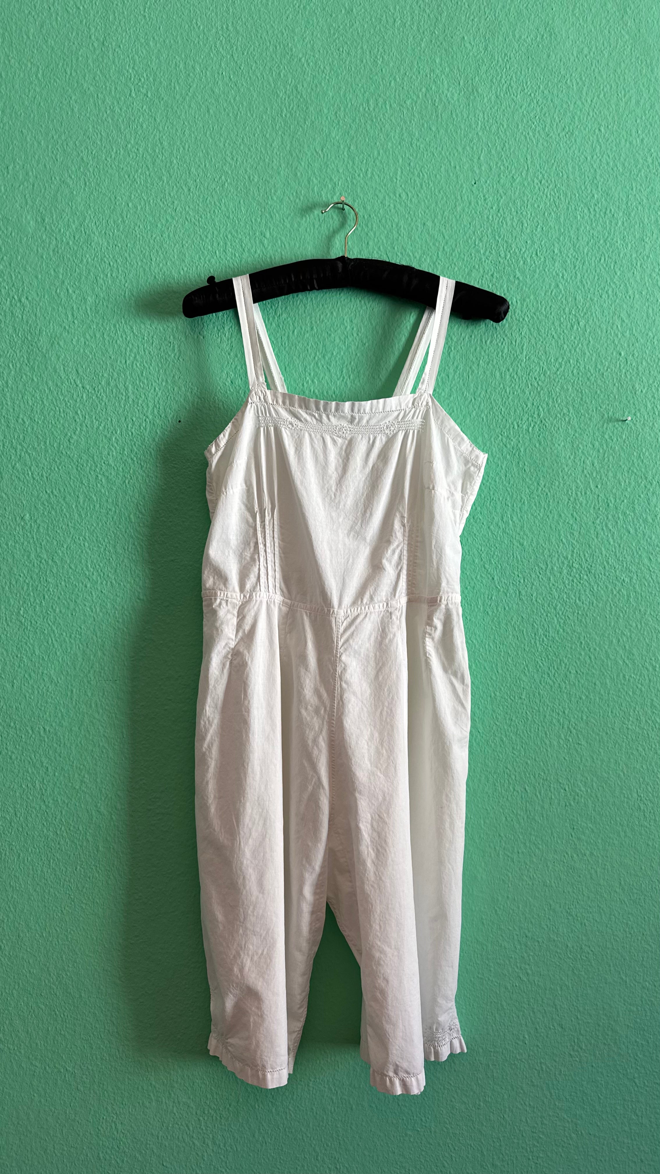 Vintage 1970s White Cotton Overall Jumpsuit With Embroidered Buttons