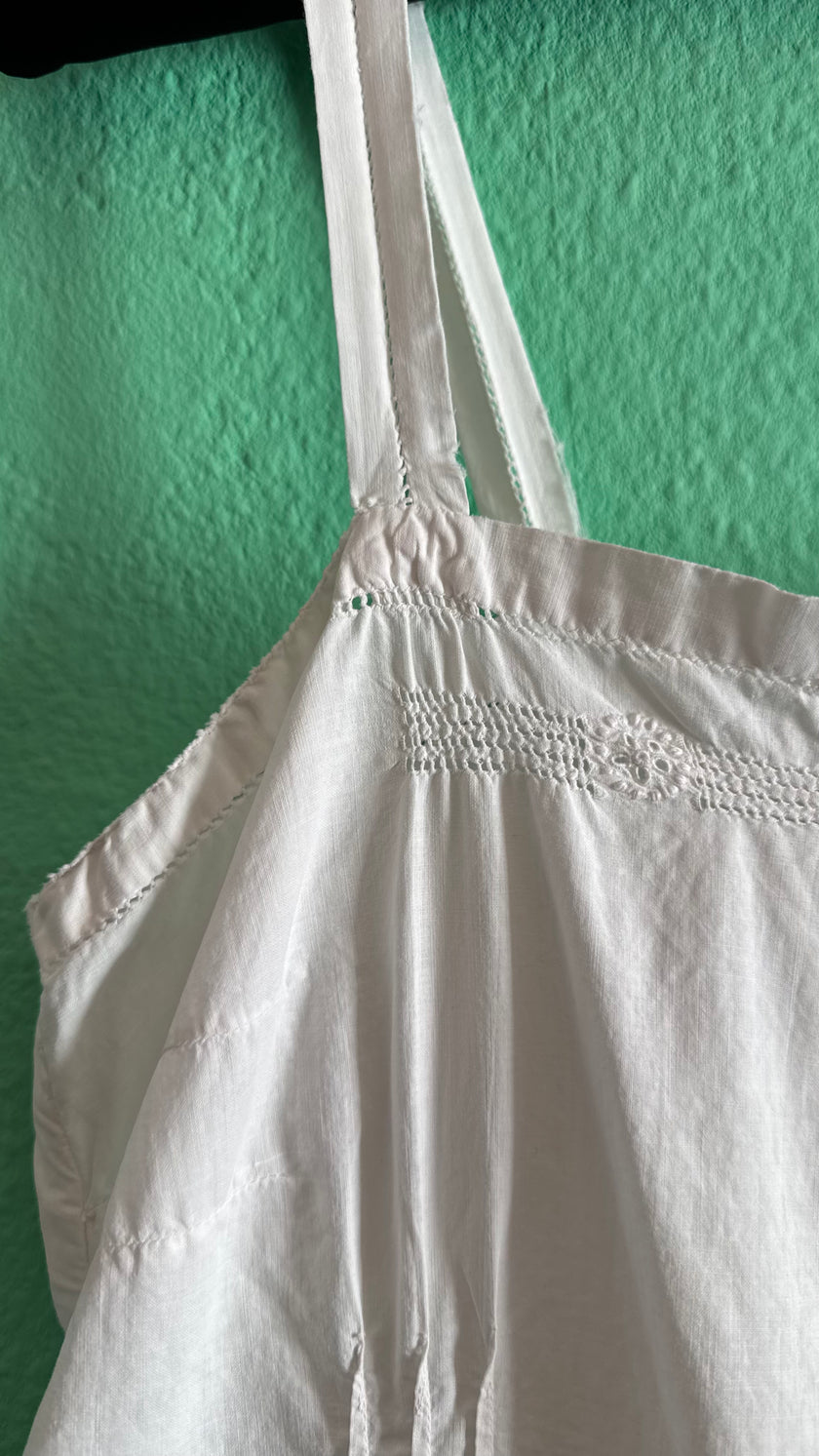 Vintage 1970s White Cotton Overall Jumpsuit With Embroidered Buttons