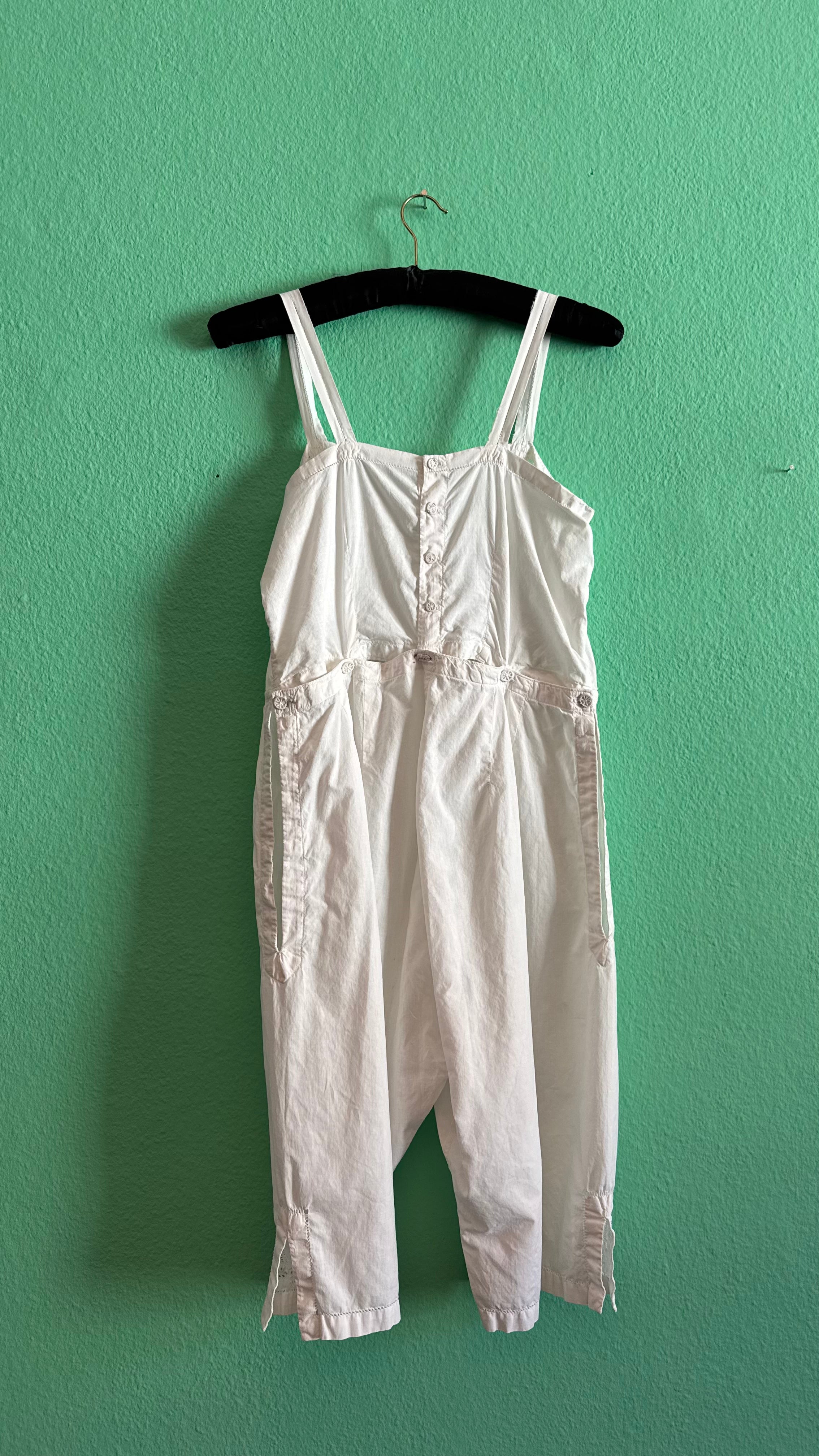 Vintage 1970s White Cotton Overall Jumpsuit With Embroidered Buttons