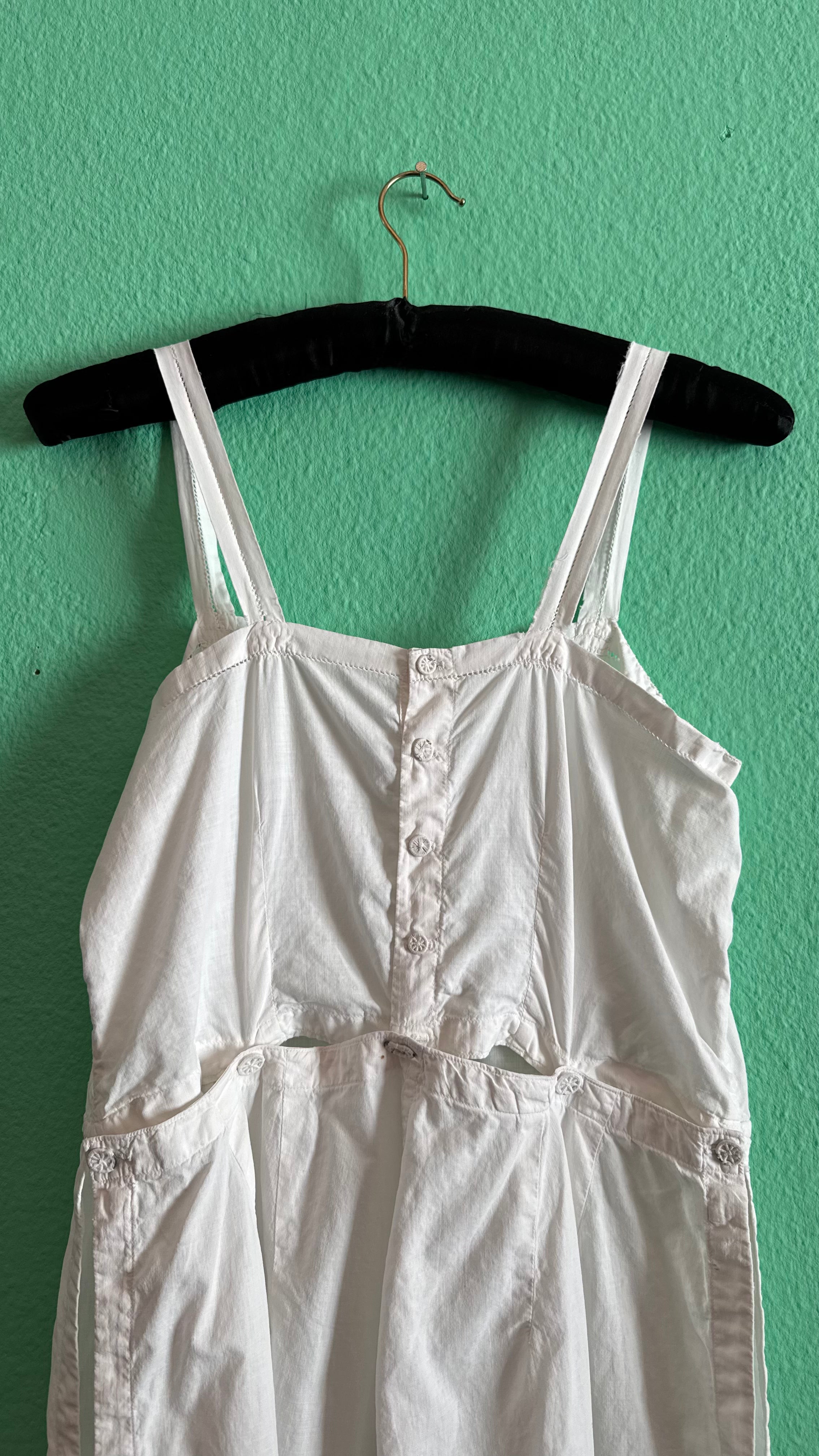 Vintage 1970s White Cotton Overall Jumpsuit With Embroidered Buttons