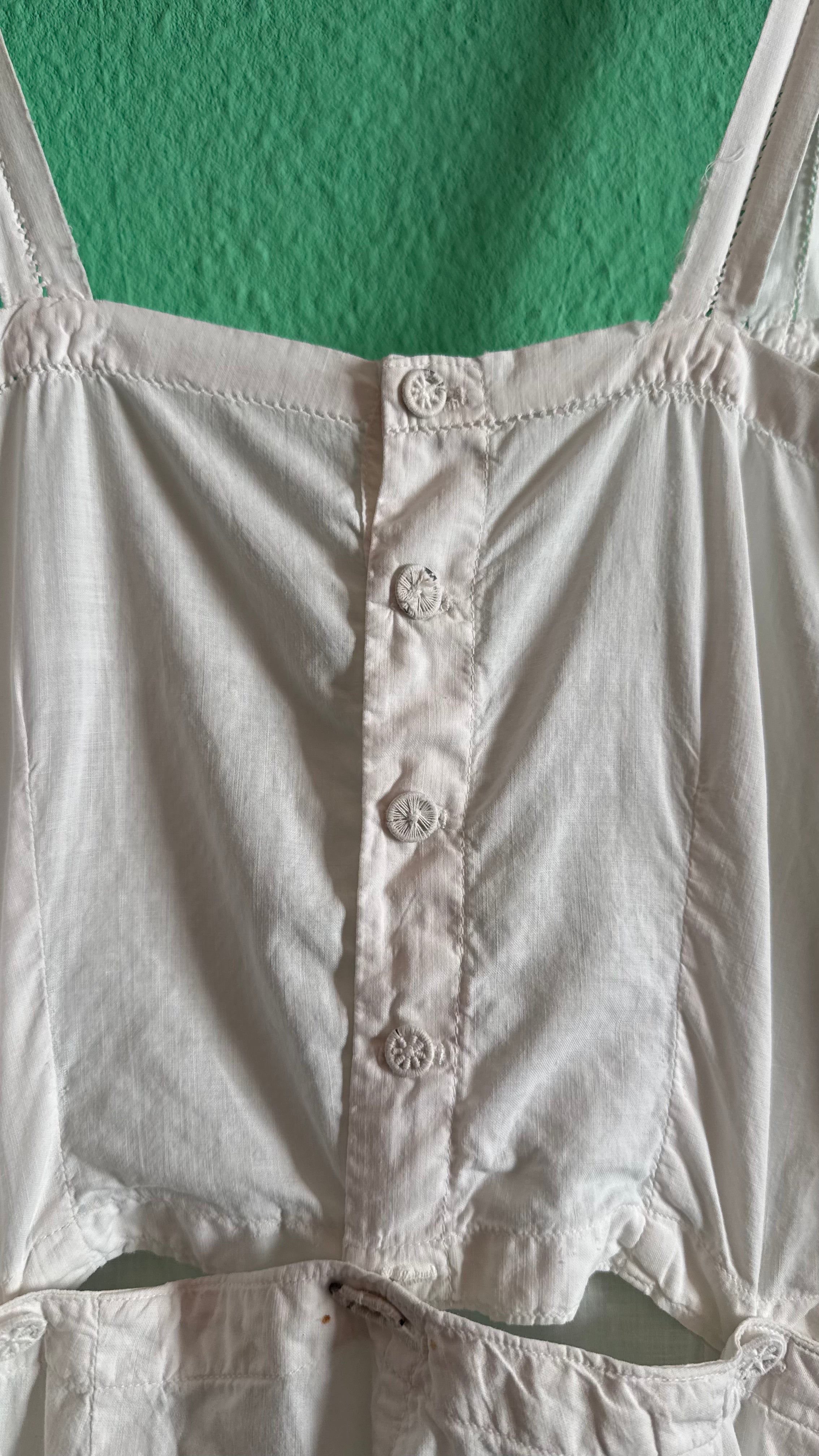 Vintage 1970s White Cotton Overall Jumpsuit With Embroidered Buttons