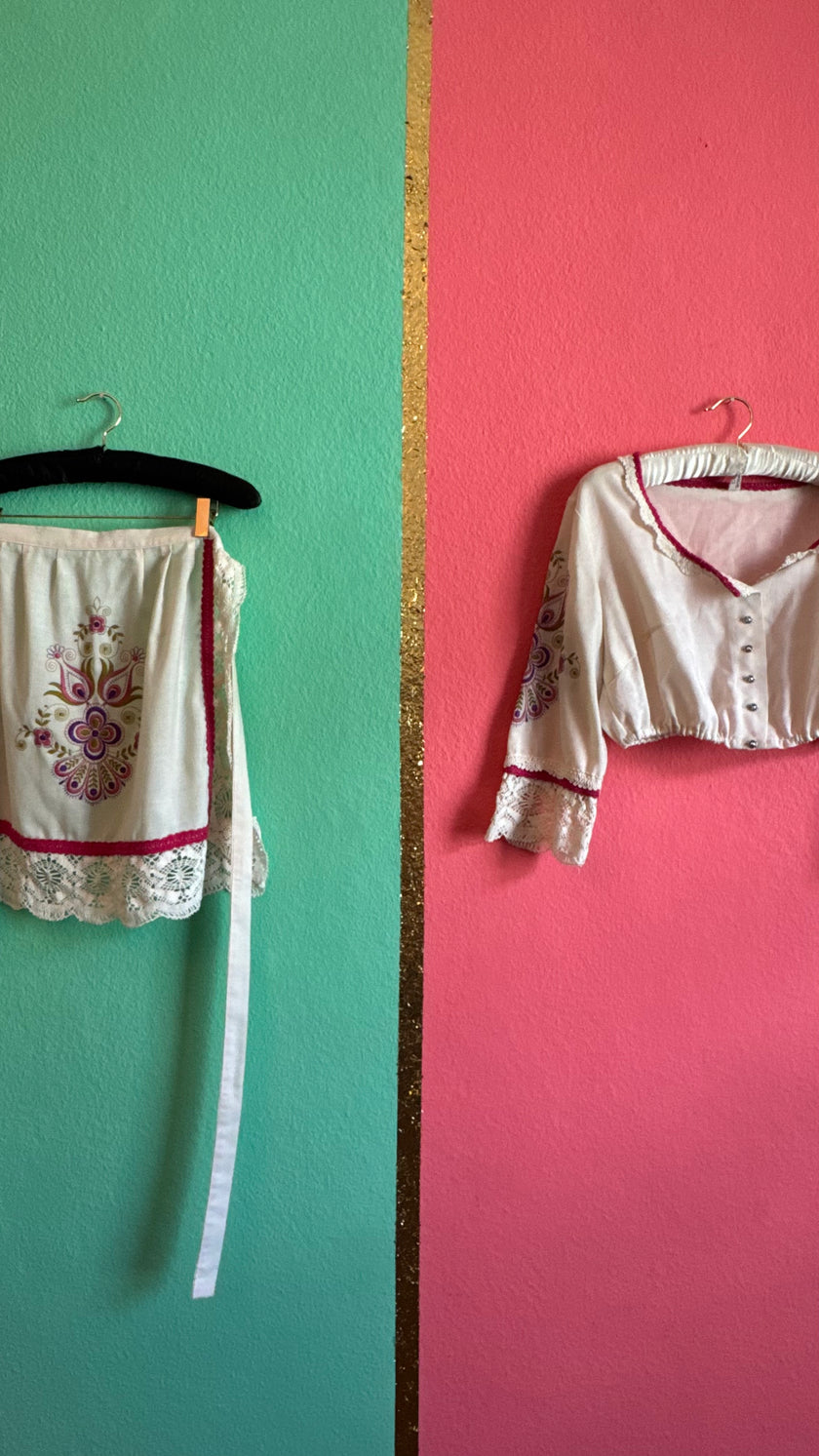 Vintage 1970s Folk Embroidered Blouse And Apron Set