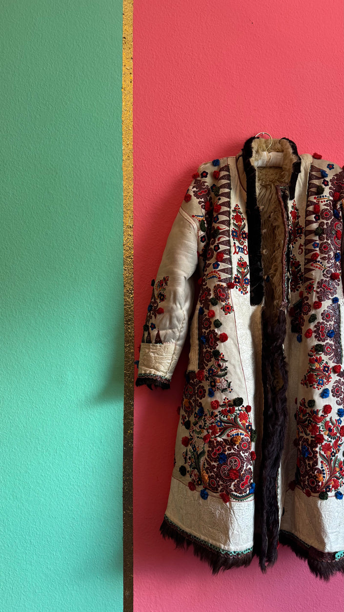 Vintage Transylvanian Embroidered Folk Coat With 1895 Detail